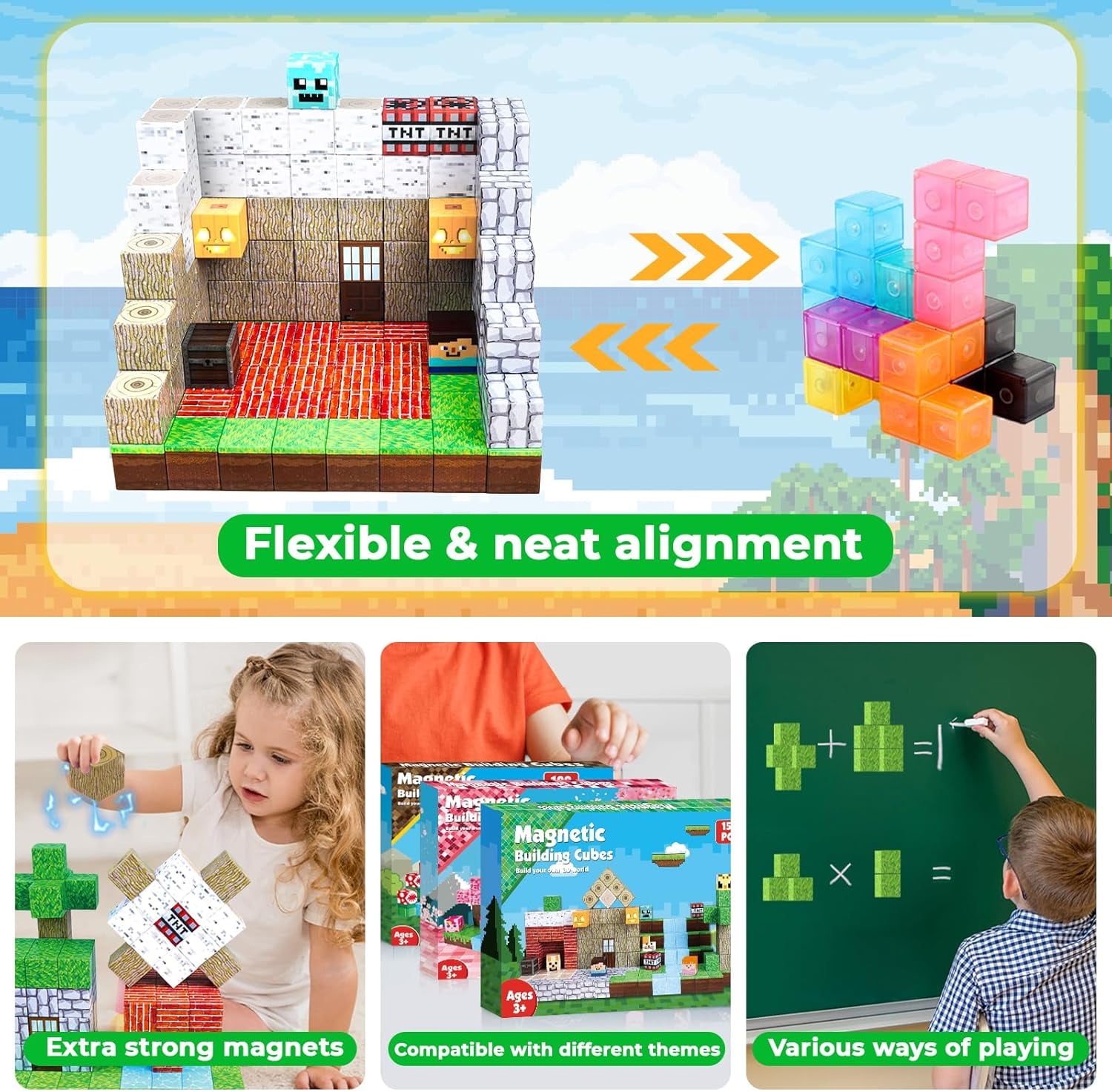 Annexfun Magnetic Building Blocks Set, STEM Montessori Sensory Stacking Cubes for Creative Construction (150 Pieces) a3tdz