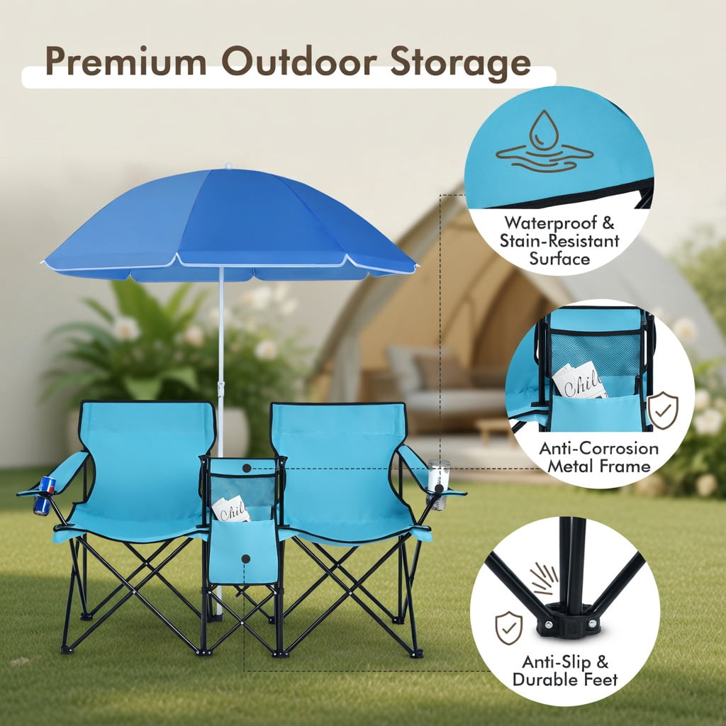 Topcobe Double Folding Picnic Chair with Umbrella and Cooler Bag (Turquoise, 2-Seat) il2p3
