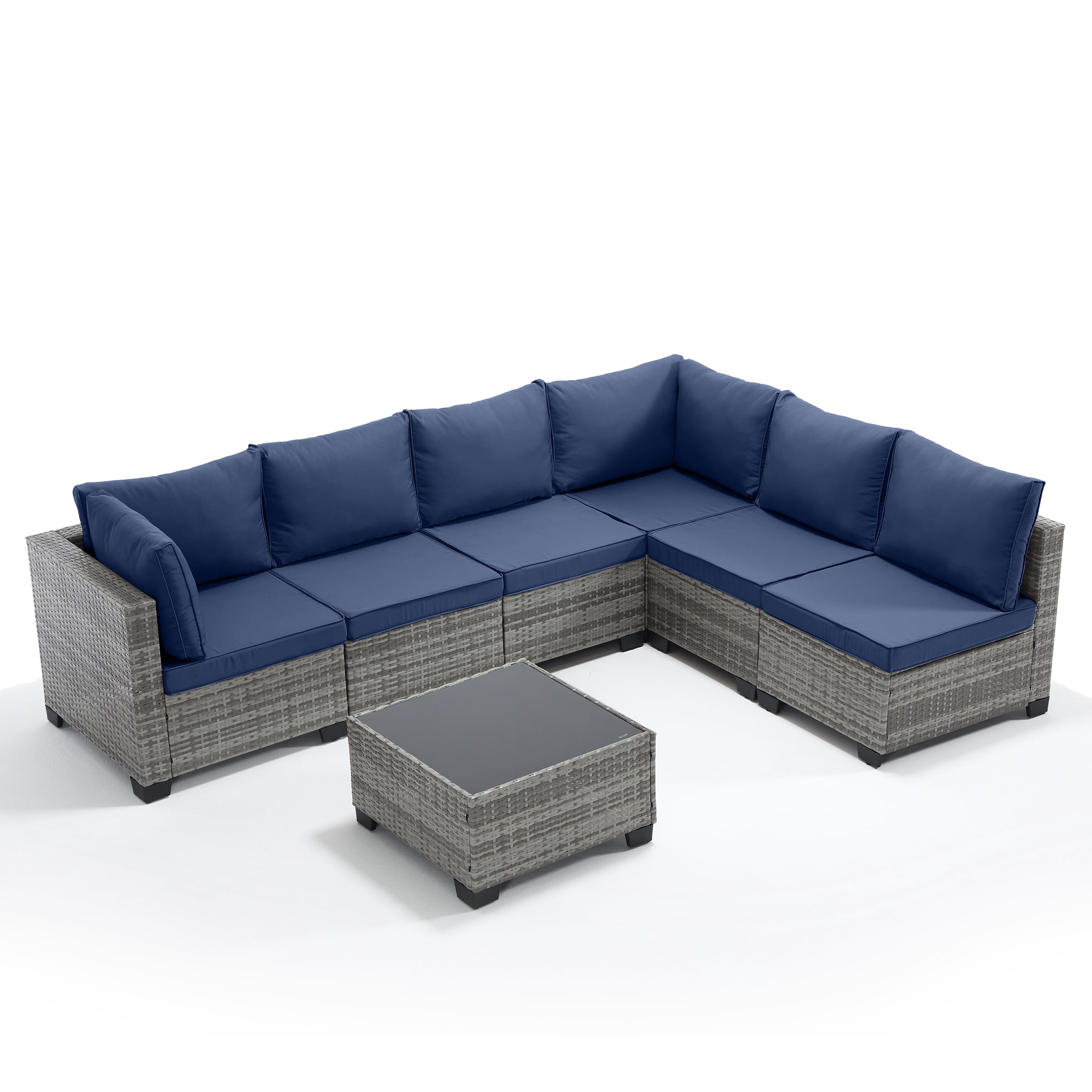 Ebello 7-Piece Modular Outdoor Patio Sectional Sofa Set with Glass Coffee Table (Navy Blue, 7-Piece) 69jwu