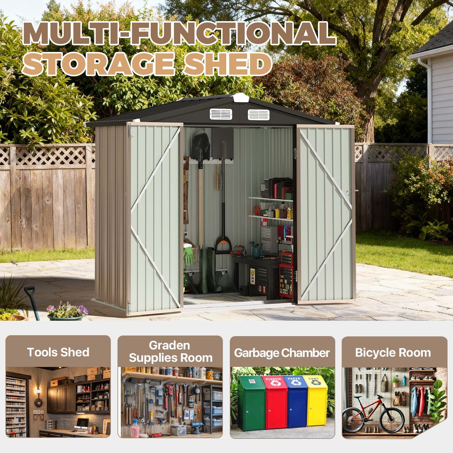 BaPiPro Outdoor Storage Shed, Heavy-Duty Galvanized Steel Garden Tool Shed with Integrated Base and Locking Doors (Brown, 79 in x 50 in x 74 in) qsn8v