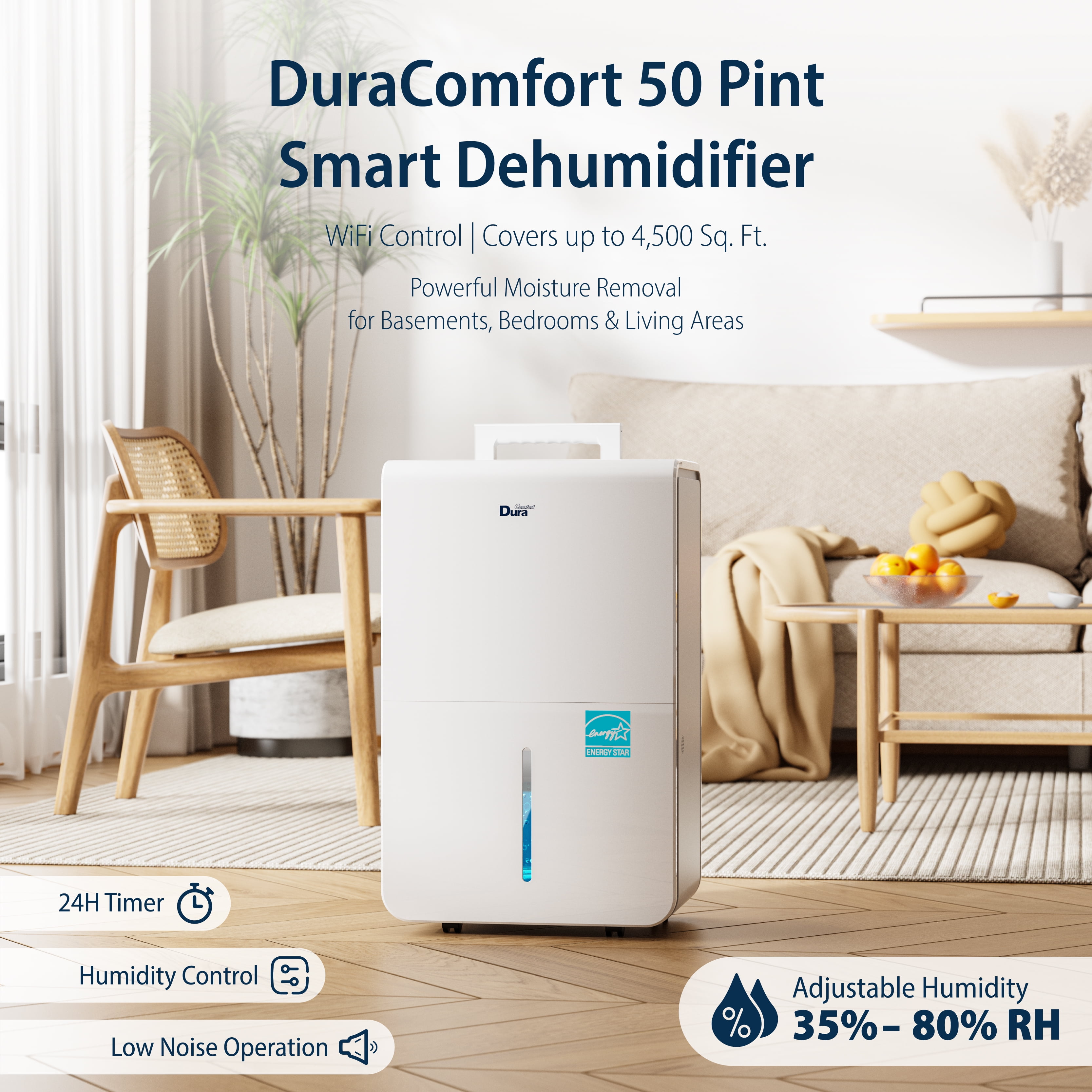DuraComfort Dehumidifier for Basement and Home with Built-in Pump, WiFi Enabled (50 Pints, 4500 Sq. Ft.) 6xxz6