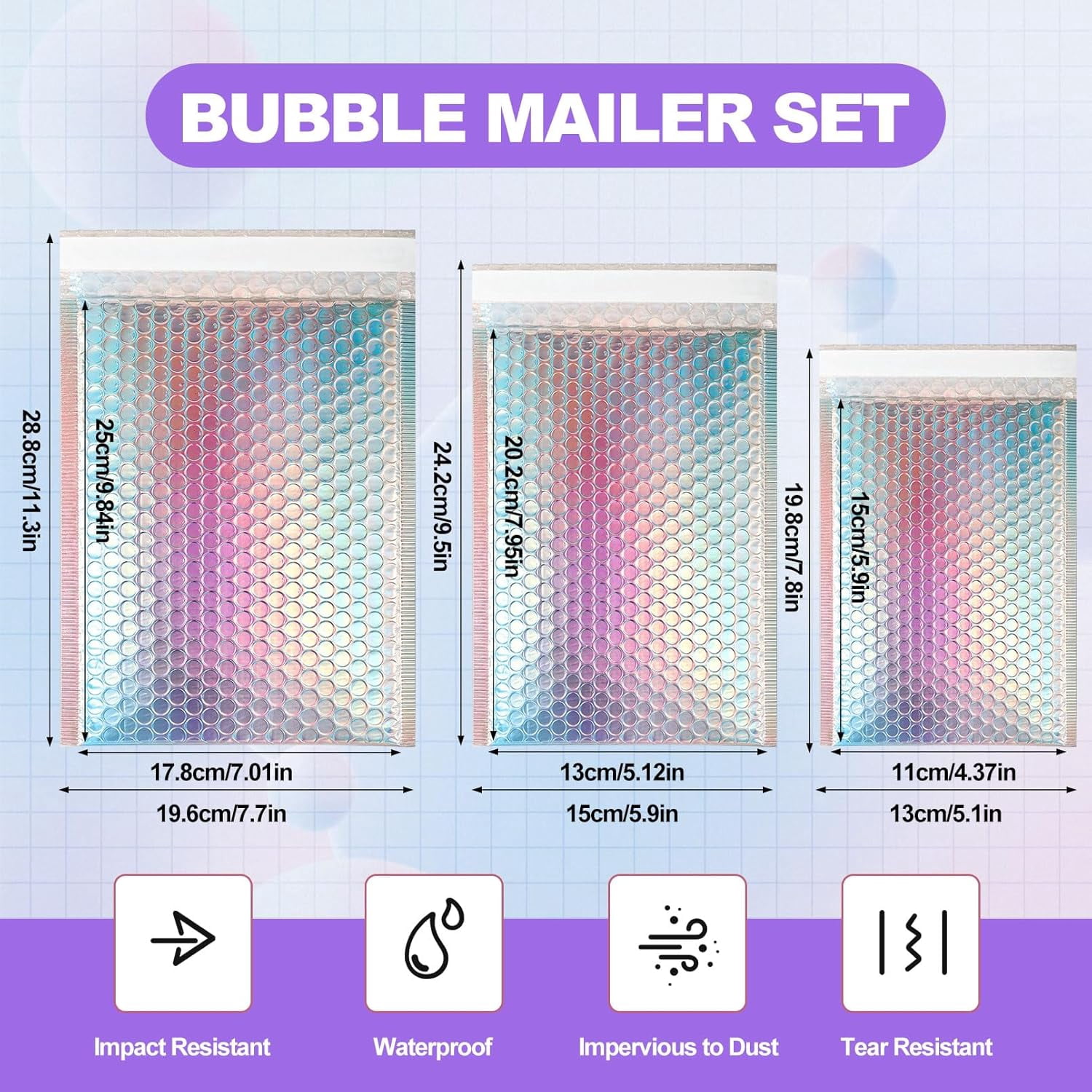 Jutoe Metallic Bubble Mailers, Holographic Padded Shipping Envelopes with Thank You Cards and Stickers (Silver, 50 Pack) g12ab