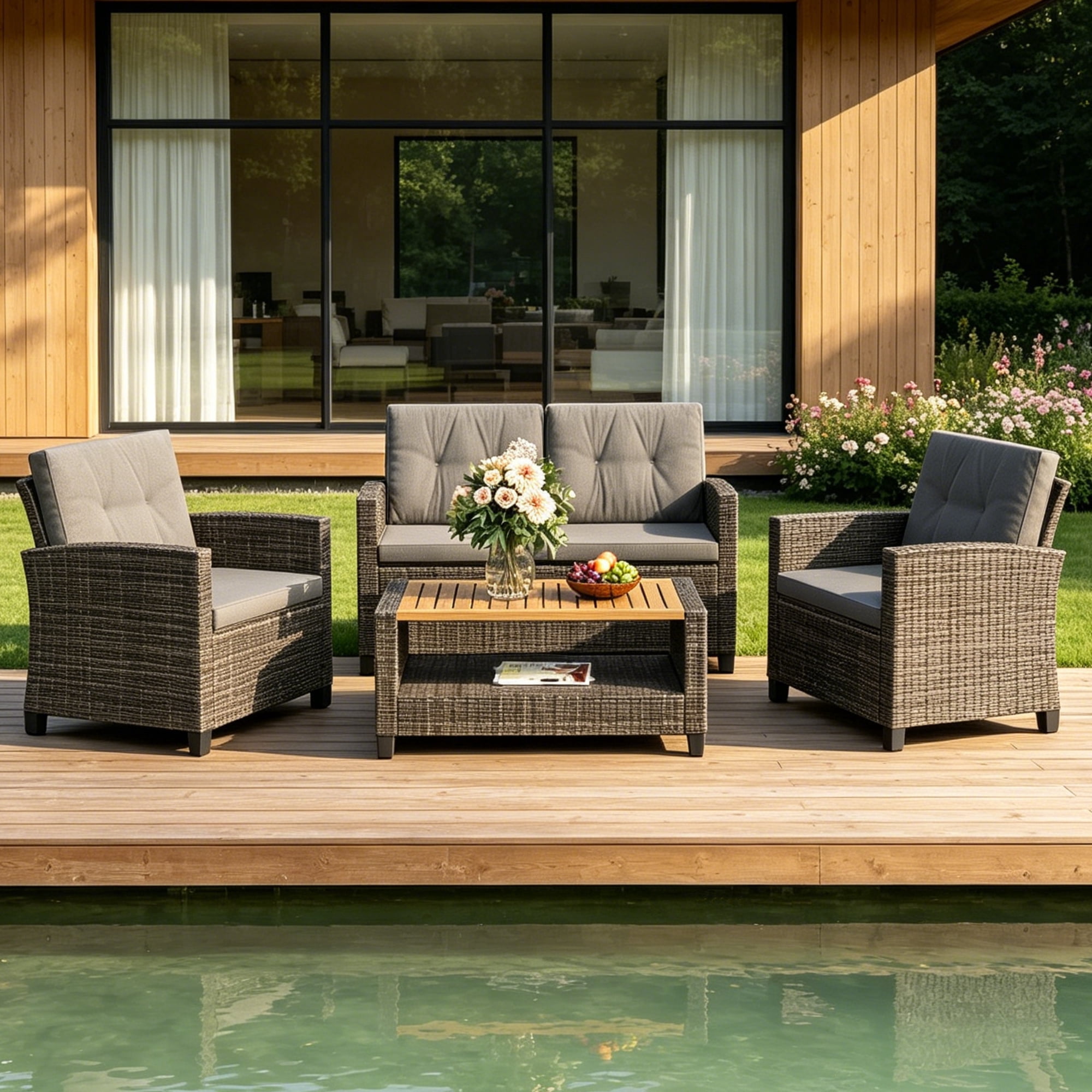Heynemo 4-Piece Outdoor Patio Furniture Set, Rattan Conversation Set with Acacia Wood Coffee Table and Cushions (Gray, 4-Piece) bzx19