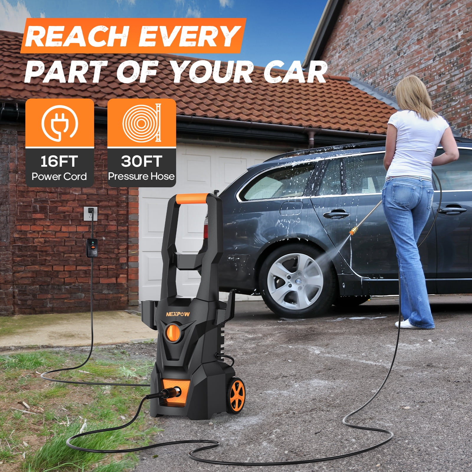 NEXPOW Electric Pressure Washer, 4000 PSI 2.6 GPM Power Washer with Foam Cannon and 4 Quick-Connect Nozzles (30 ft Hose) wyows