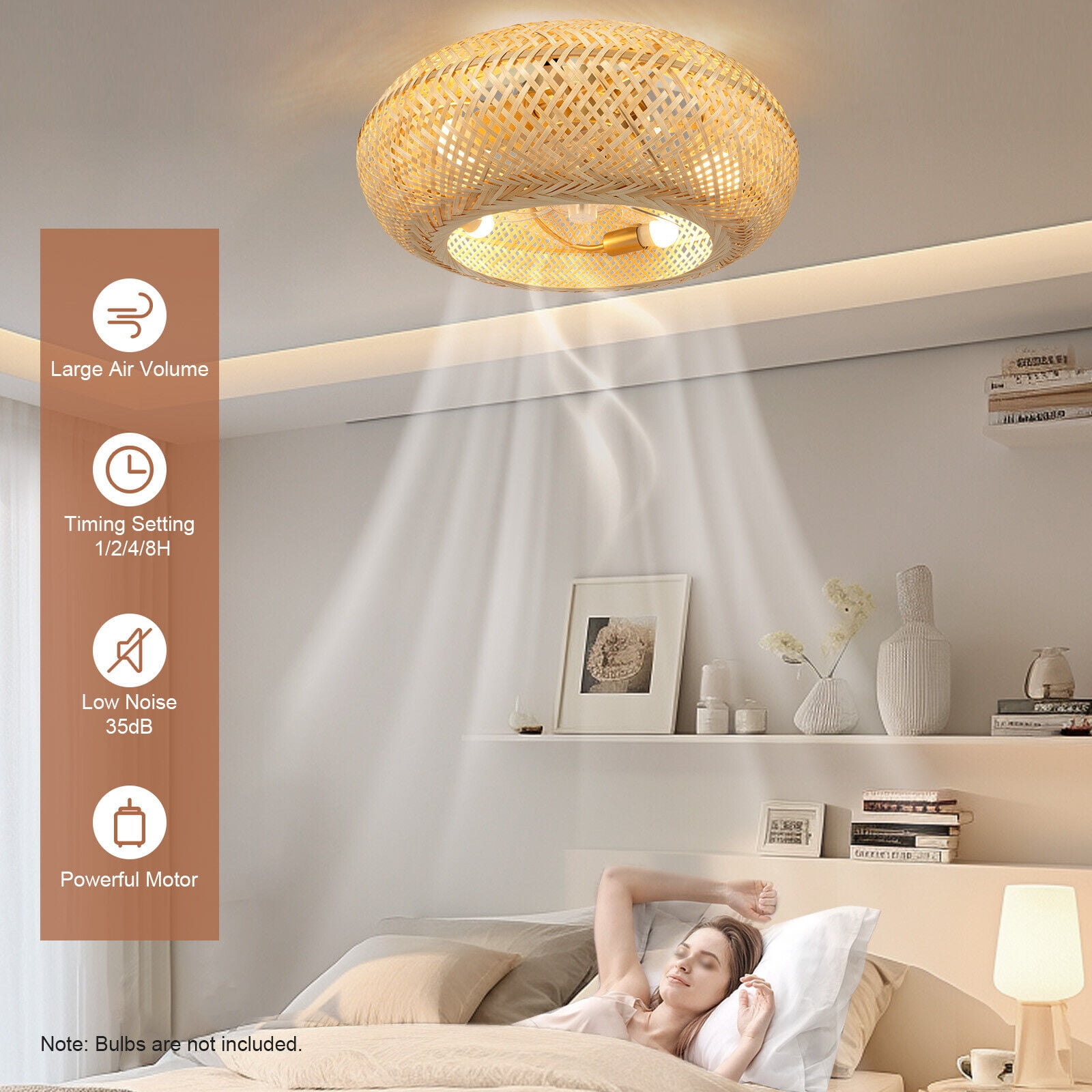 Generic Bamboo Ceiling Fan Farmhouse Boho Rattan Woven Light with Remote Control (Natural, 20 in) 023ca