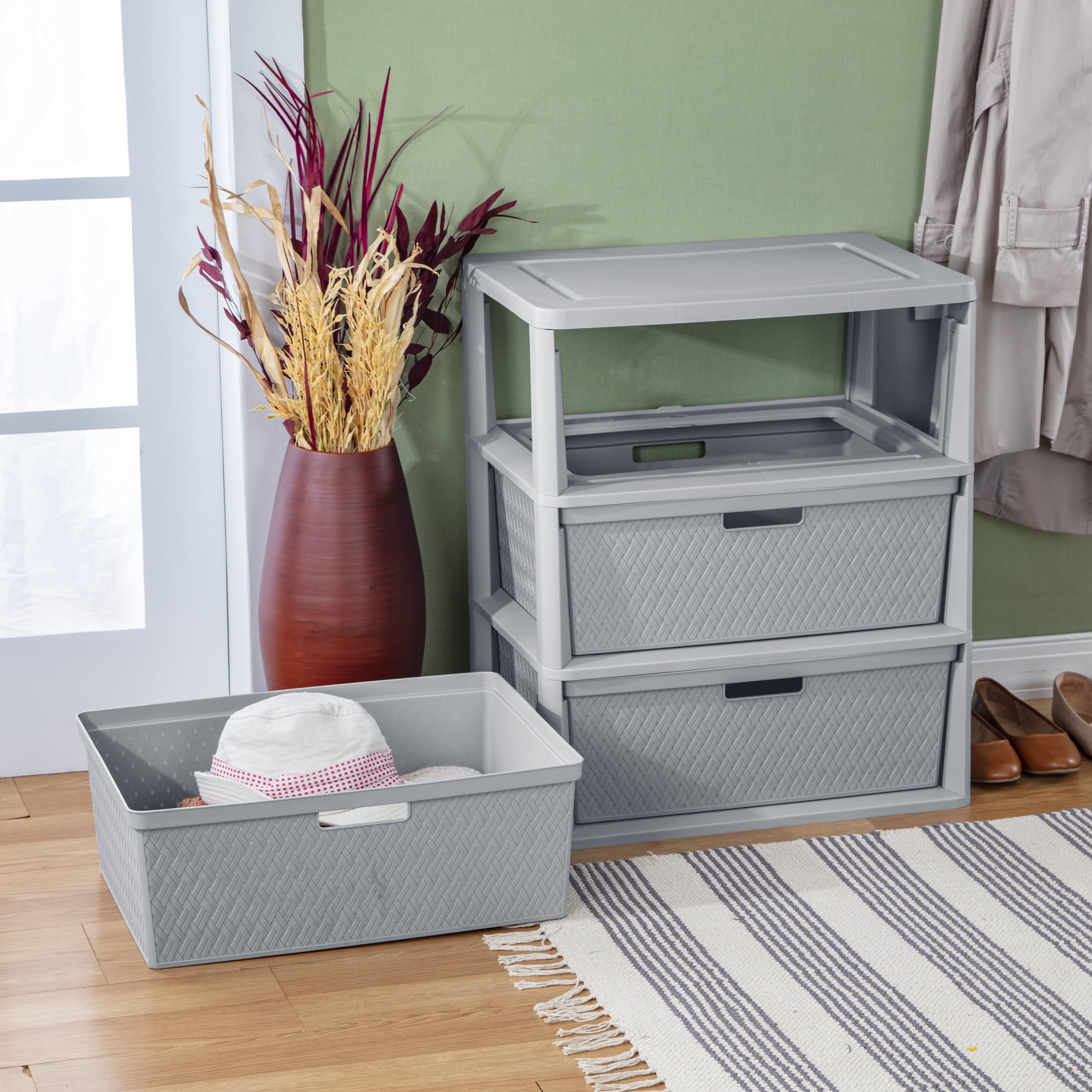 Sterilite Wide 3 Drawer Tower, Plastic Storage Organizer with Removable Bins (Gray, 15.6 in x 21 in x 25.3 in) ni9y1
