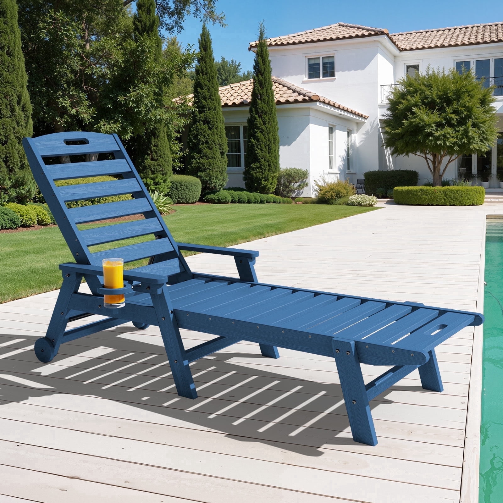 Loyalice Adjustable Wheeled HDPE Outdoor Patio Lounge Chair with Cup Holder (Navy Blue, 78.3 in x 25.1 in x 16.3 in) 2nwno