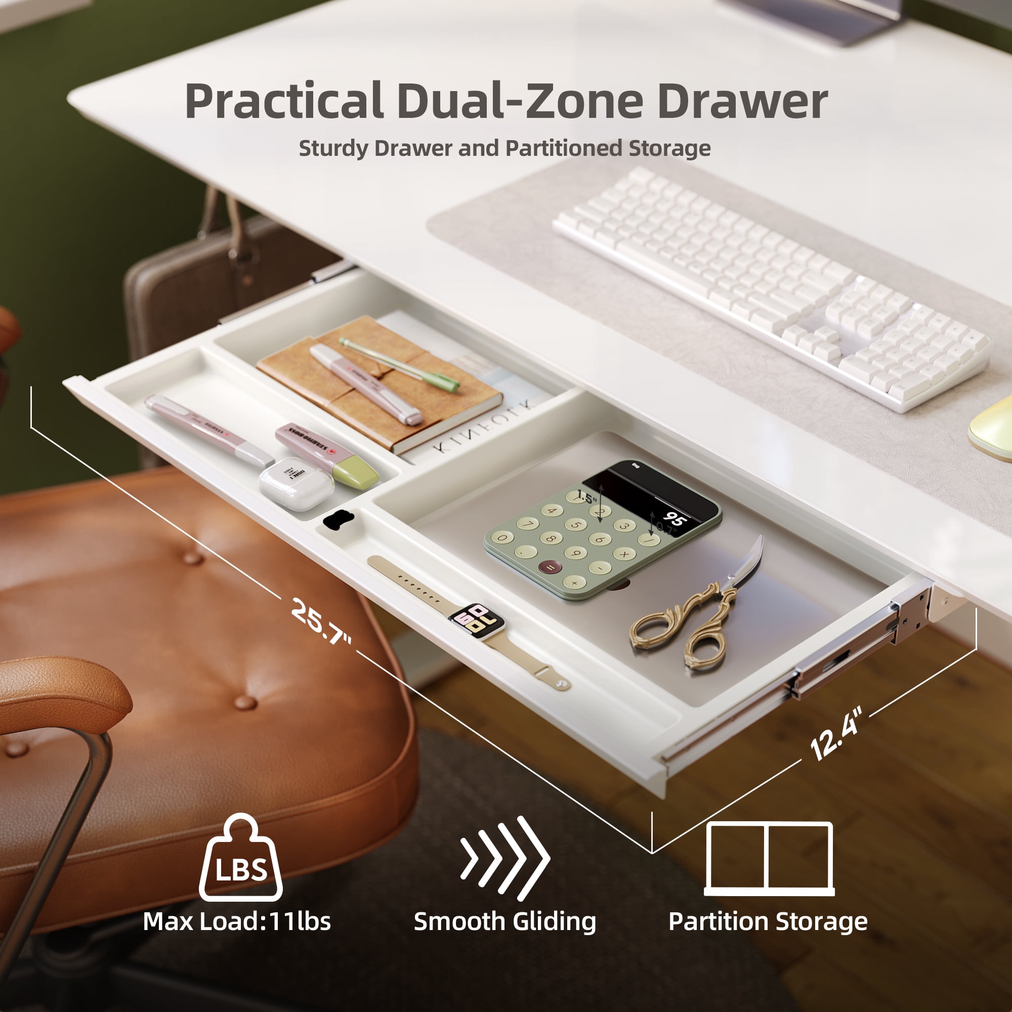 INNOVAR Electric Standing Desk with Wireless Charging and Drawer (55 in, White) mgaia
