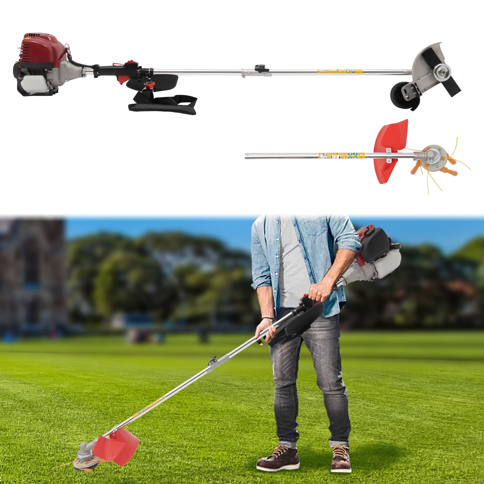 Generic Gas Powered Lawn Edger 35.88CC 4-Stroke String Trimmer with Dual Blade Heads (Red, 35.88CC) 0qjbq