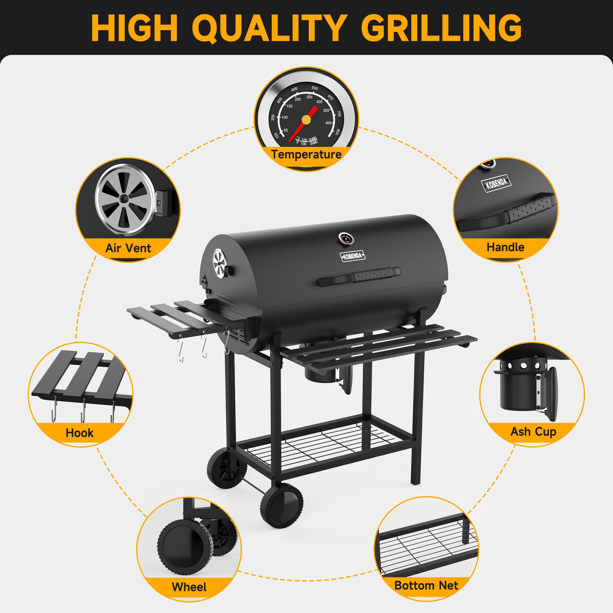 KOBENDA 29 in Barrel Charcoal Grill with Foldable Side Table and Removable Ashtray (Black, 29 in) qt2xl