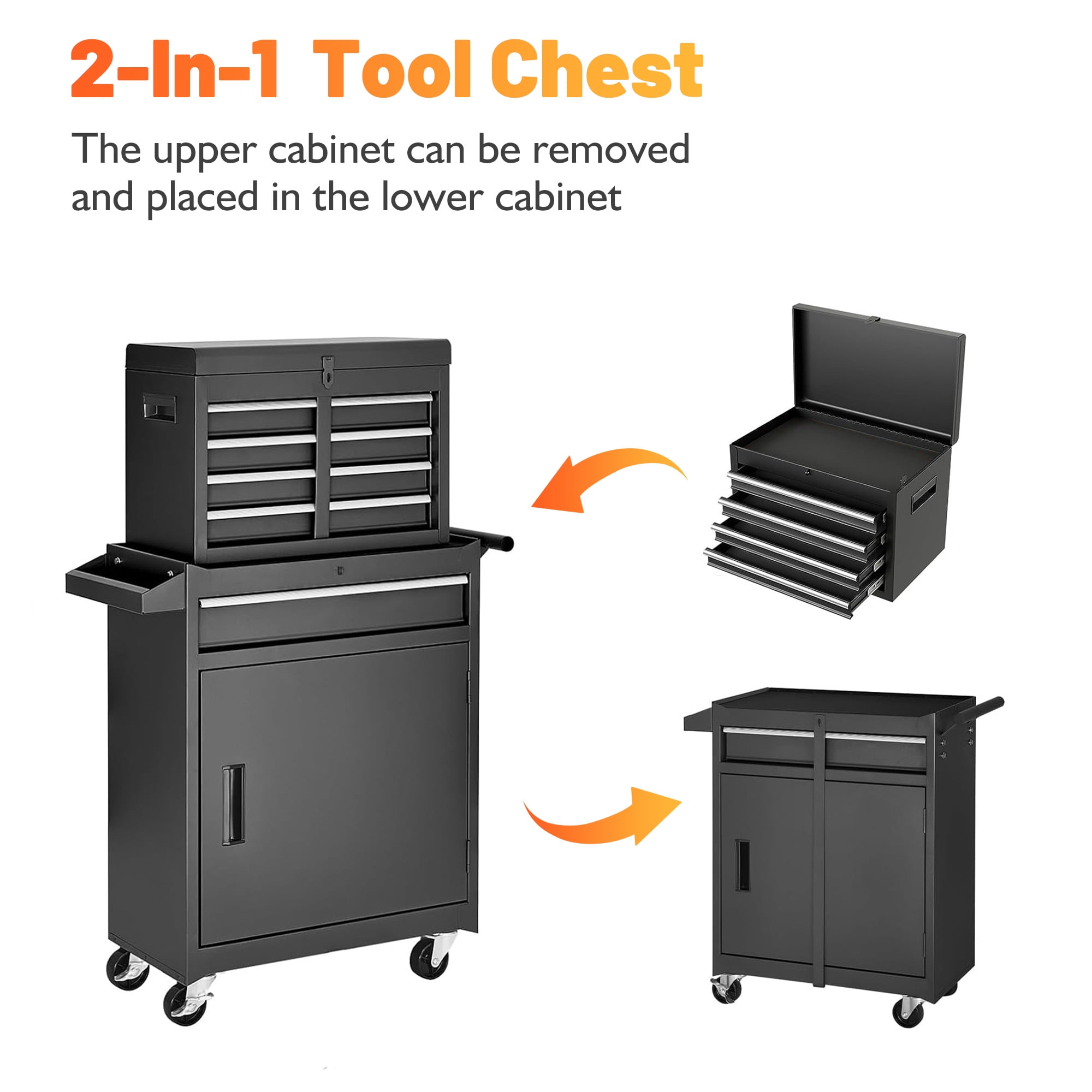 Seizeen 5-Drawer Rolling Tool Chest with Detachable Storage Cabinet (Black, 1 Unit) xt002