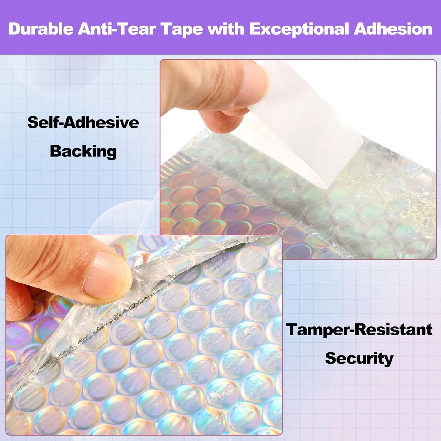Jutoe Metallic Bubble Mailers, Holographic Padded Shipping Envelopes with Thank You Cards and Stickers (Silver, 50 Pack) g12ab