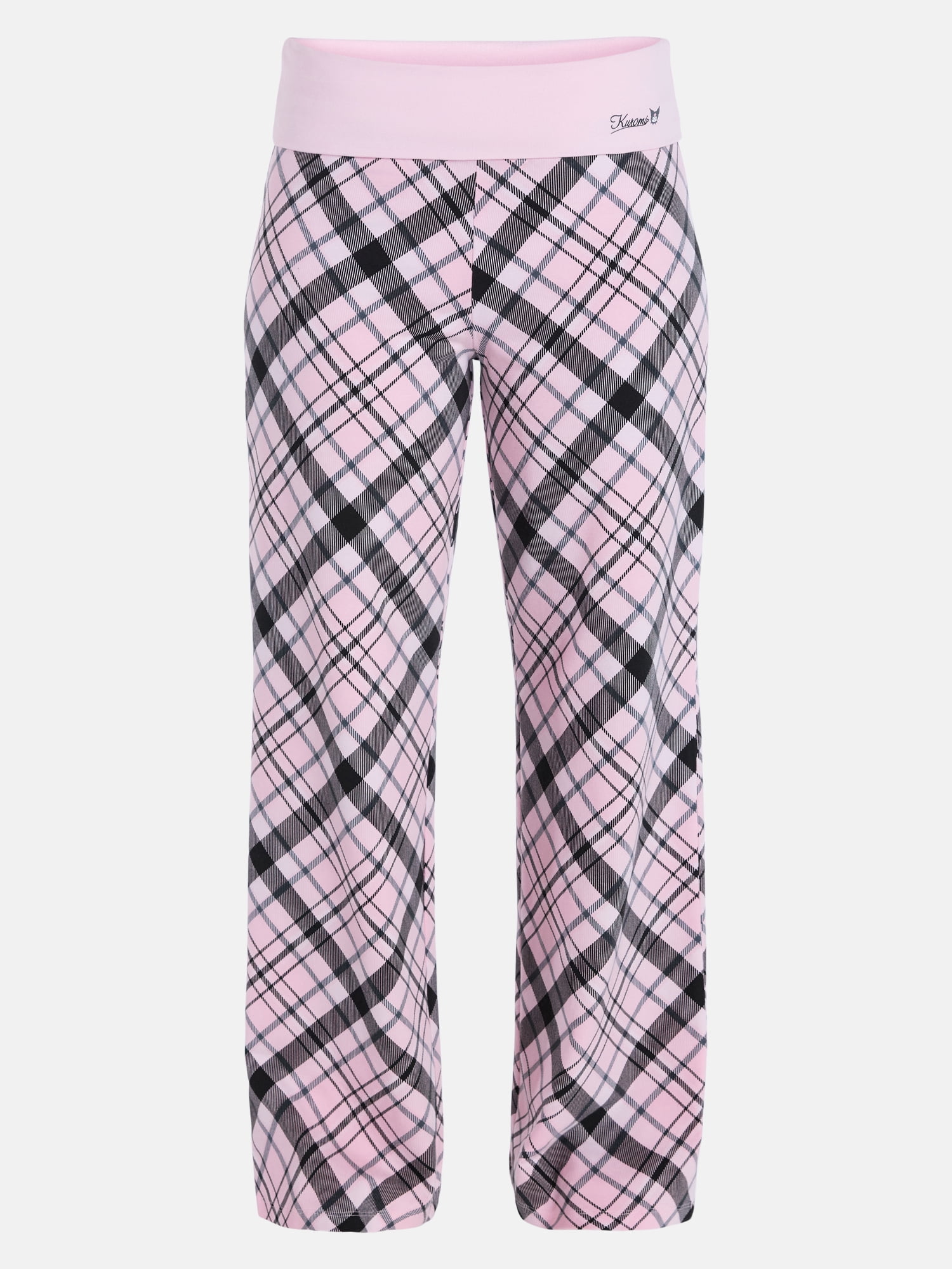 HelloKittyFriends Kuromi Plaid Foldover Pants Women's Wide Leg Lounge Bottoms (Pink, S) sbf7h