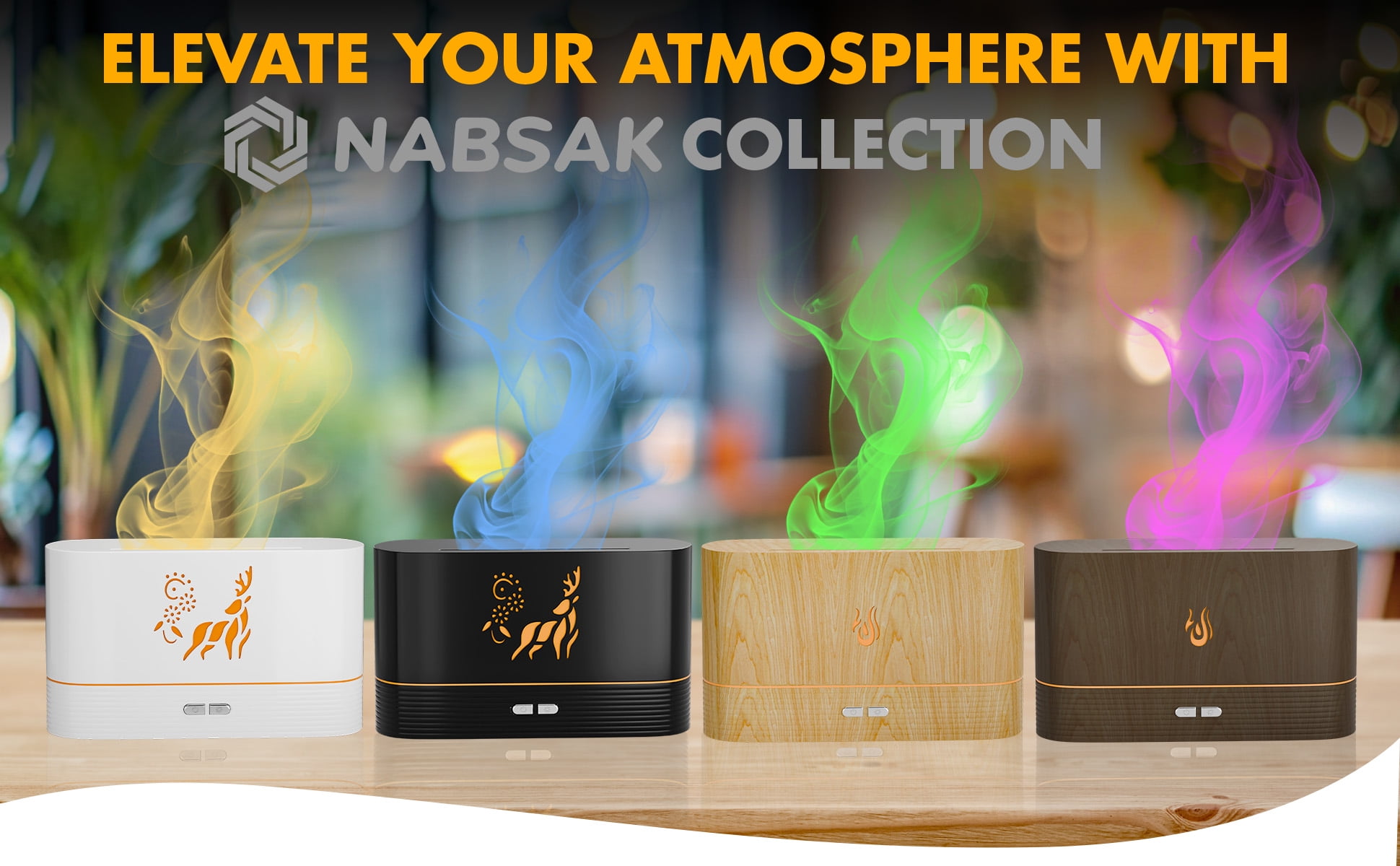 NABSAK Flame Diffuser Humidifier with 7-Color LED Lights and Remote Control (Dark Wood, 6.76 fl oz) 4tyfy