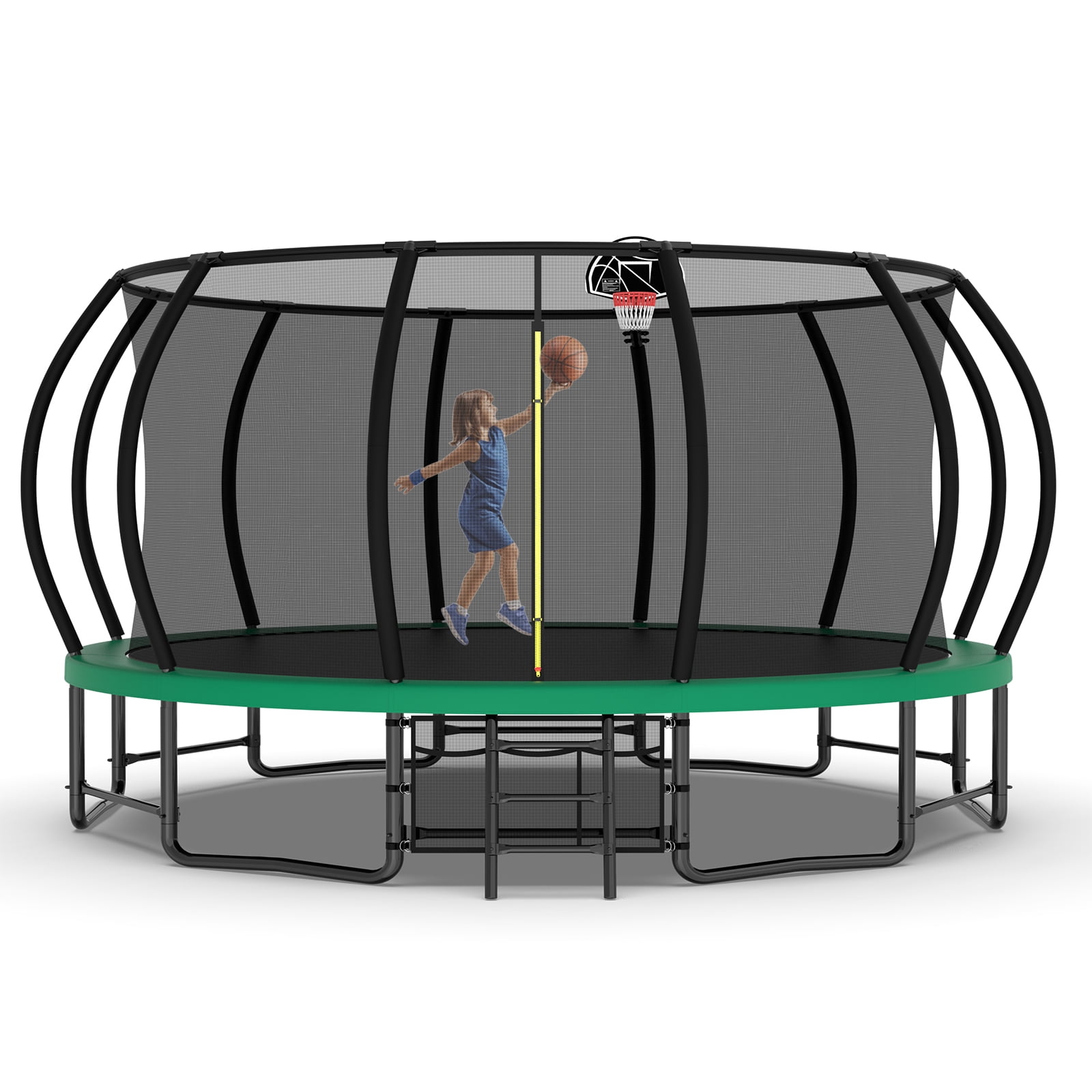 Leumius 16 ft Recreational Trampoline with Safety Enclosure, Ladder, and Basketball Hoop (Green, 16 ft) 6yack