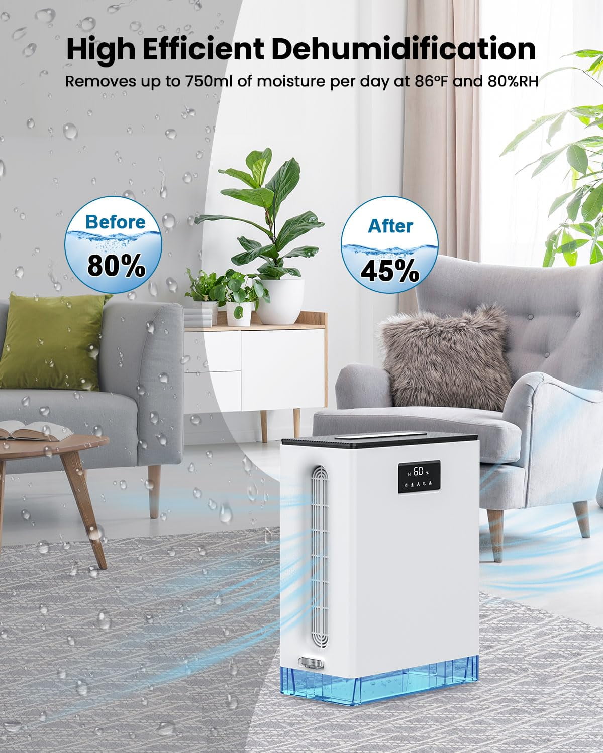 BIZEWO Electric Dehumidifier for Home and Basement (Quiet Operation, 7-Color LED Light, 101 oz Tank) plmce