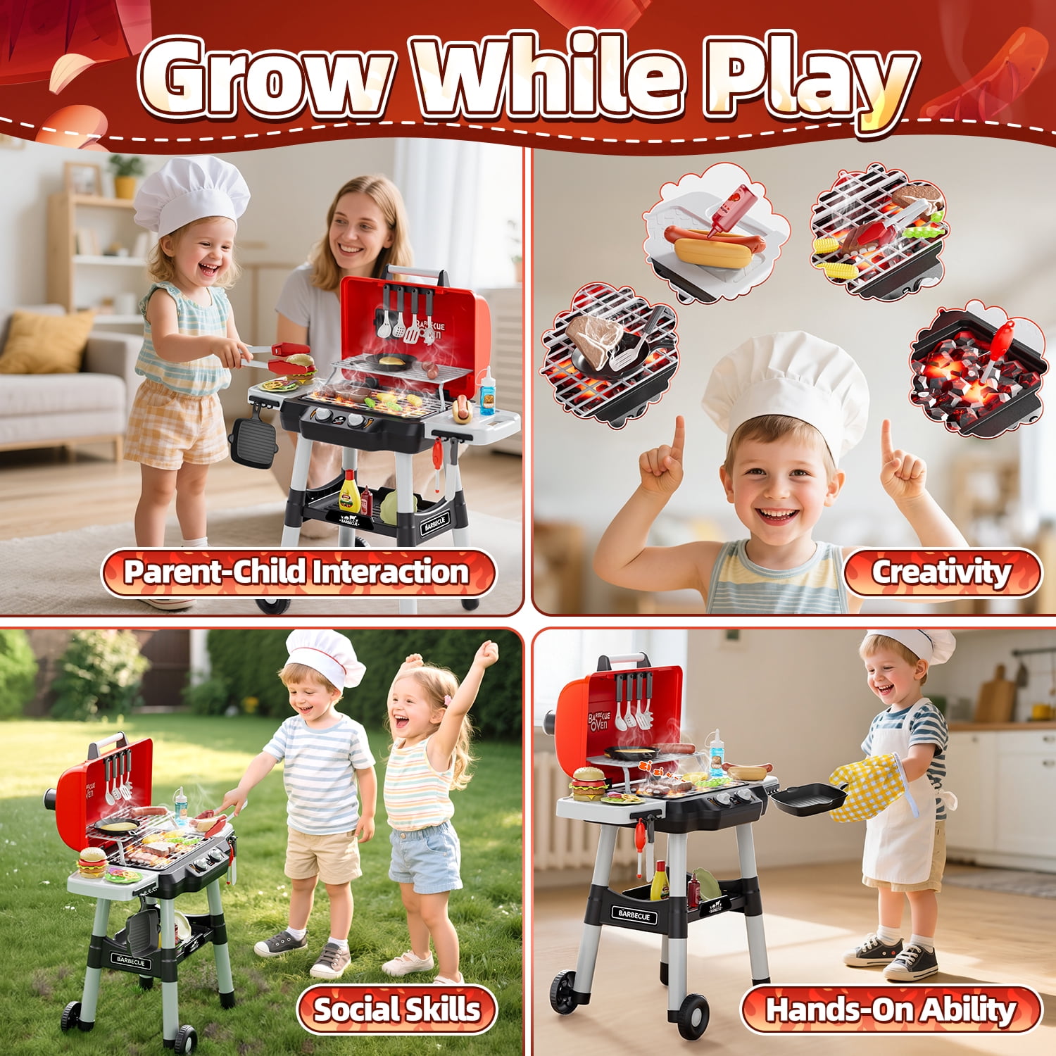 WonderStone BBQ Grill Playset for Kids, Interactive Kitchen Cooking Toy with Realistic Smoke and Sound Effects (Black, 36 Pieces) uwfqu
