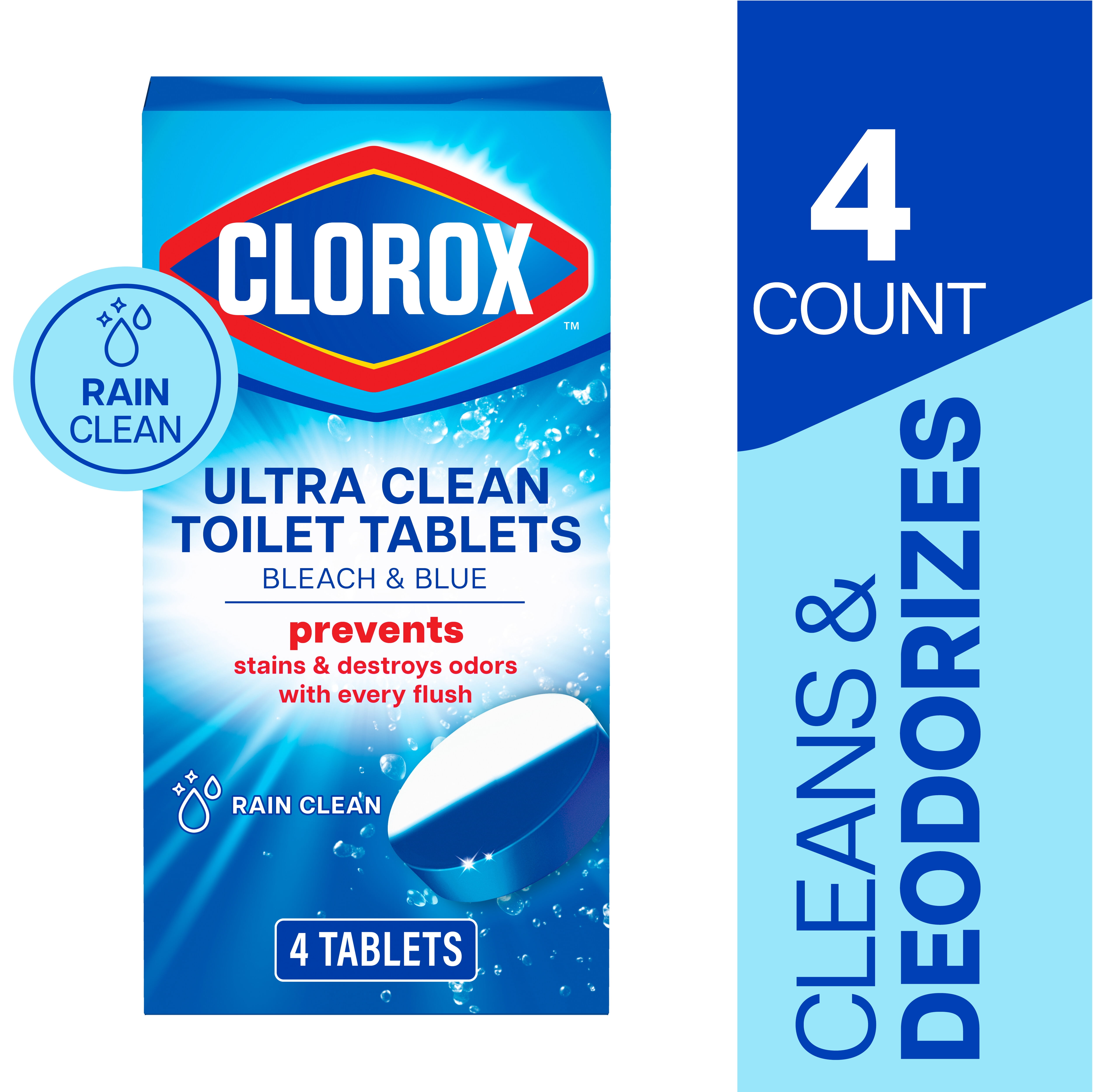 Clorox Bleach and Blue Toilet Bowl Cleaner Tablets, Automatic Stain Remover & Deodorizer (Rain Clean, 4 Count) ozvhb