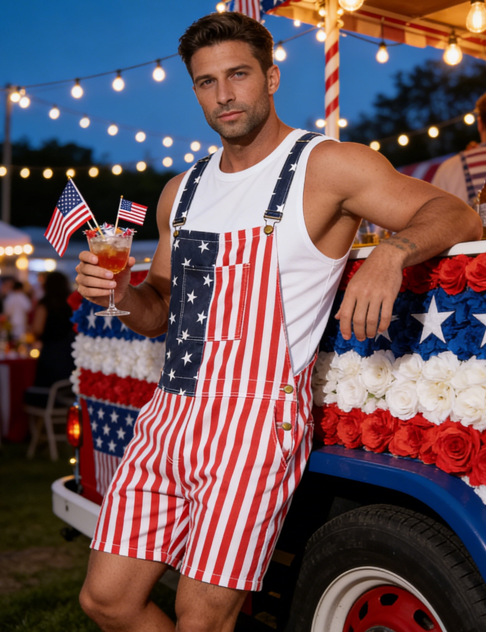 Yuanbang American Flag Denim Bib Overalls Shorts Patriotic Jumpsuit Romper for Men (Red White Blue, XL) gwvmk