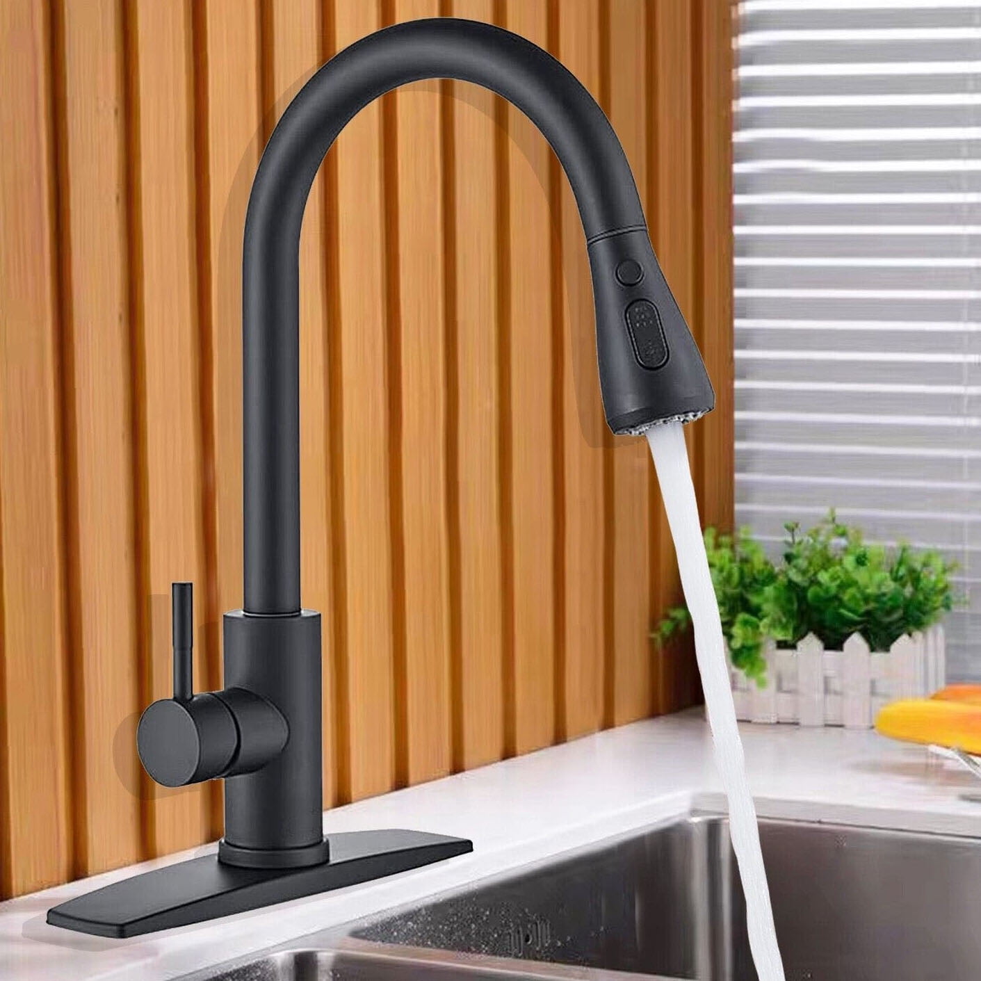 Senlesen High Arc Pull Down Kitchen Faucet with Sprayer and Deck Plate (Matte Black, 15.7 in) v1rit