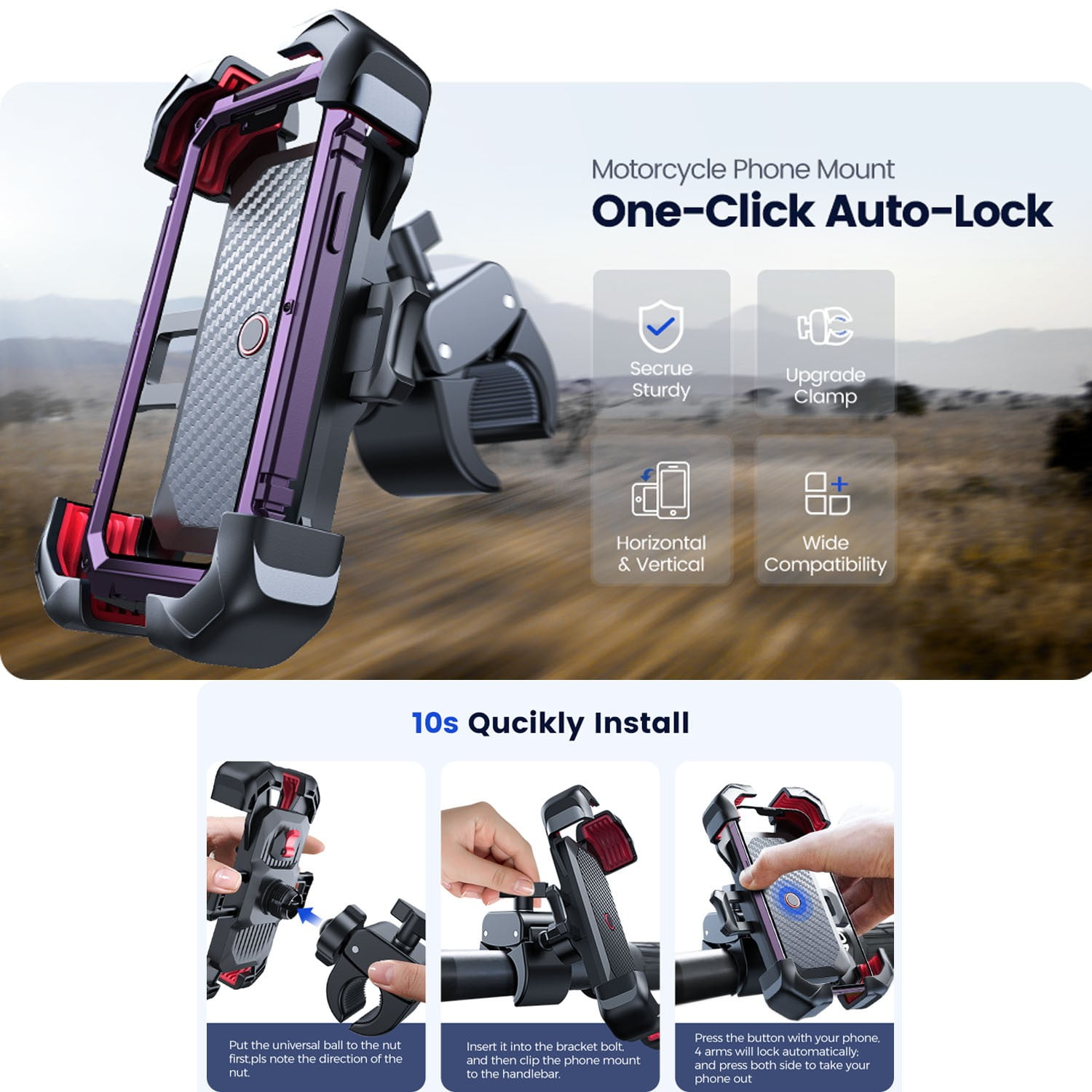 JOYROOM Motorcycle Phone Mount, Adjustable Handlebar Cell Phone Holder with Auto Lock (Black, 4.7 in to 7 in) kfjeb