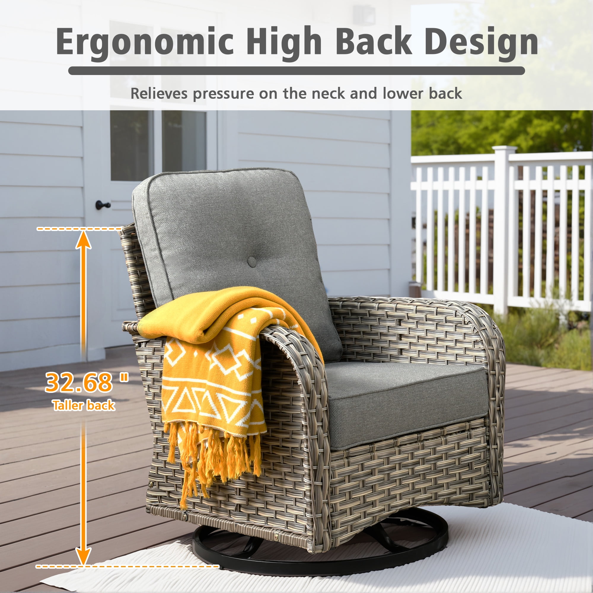 Ovios 3-Piece Patio Furniture Set, 2 Swivel Rocking Wicker Chairs with Side Table (Grey) qj3bv