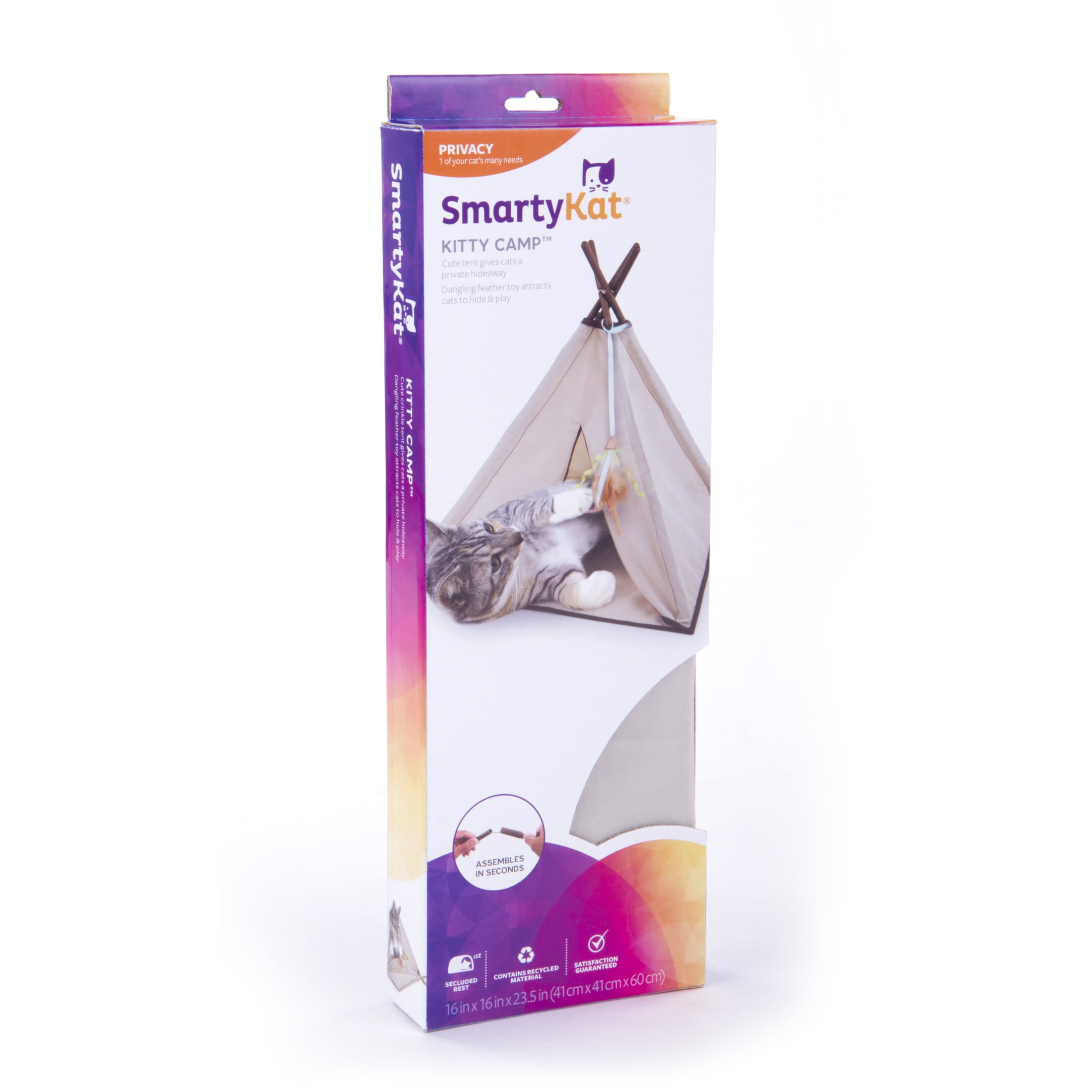 SmartyKat Kitty Camp Crinkle Cat Tent Hideaway with Detachable Dangling Feather Toy (Beige, 18 in x 18 in x 18 in) we4q5