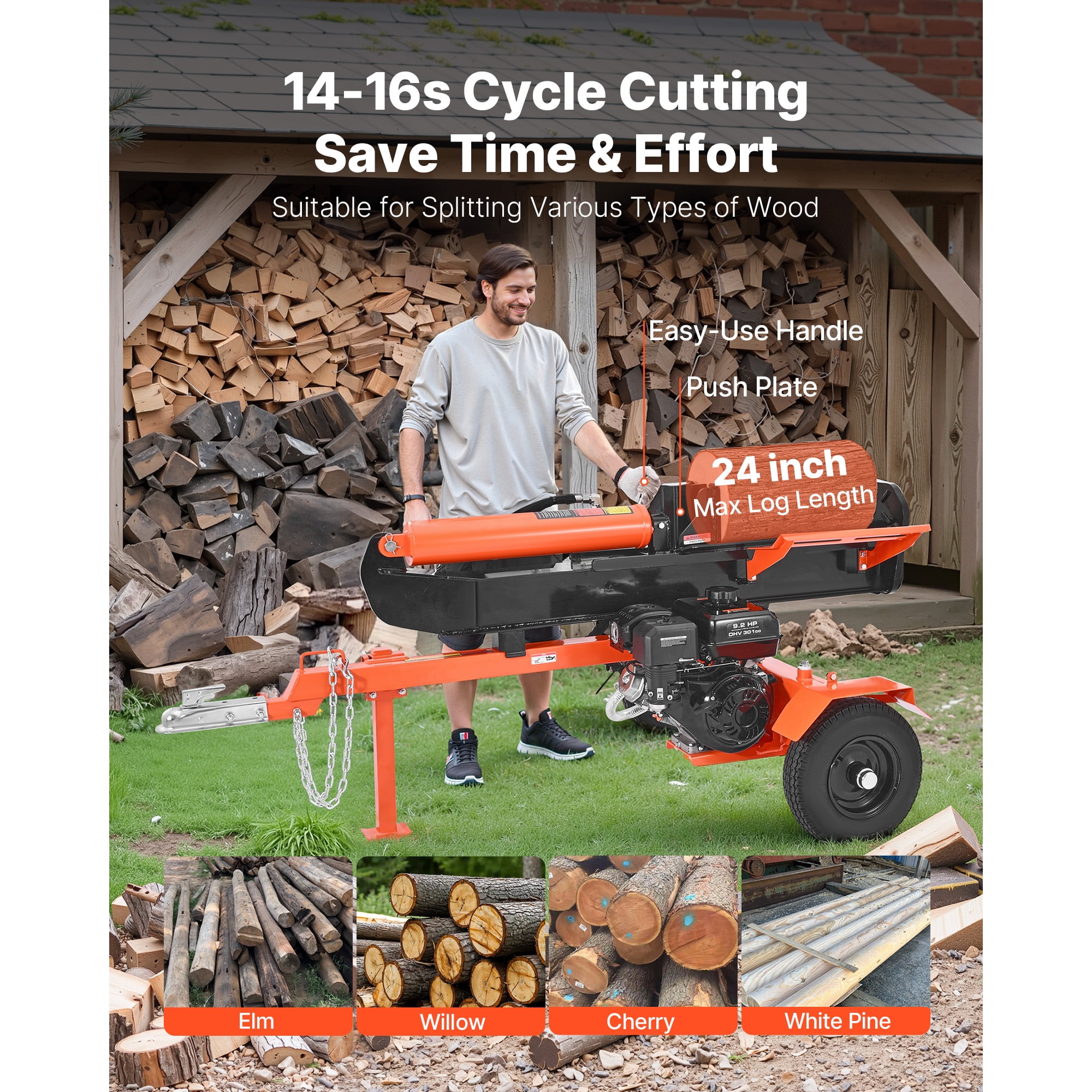 KFFKFF 30-Ton Gas Log Splitter, 306CC Engine, Hydraulic Wood Splitting Machine with 2-in Ball Coupler (Orange, 24-in Log Capacity) mlmga