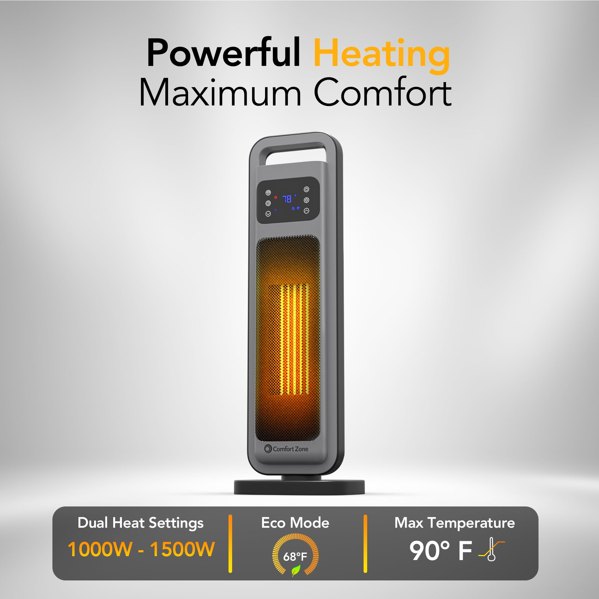Comfort Zone 26 in Oscillating Digital Tower Heater with Remote Control (Silver, 26 in) n1rbh