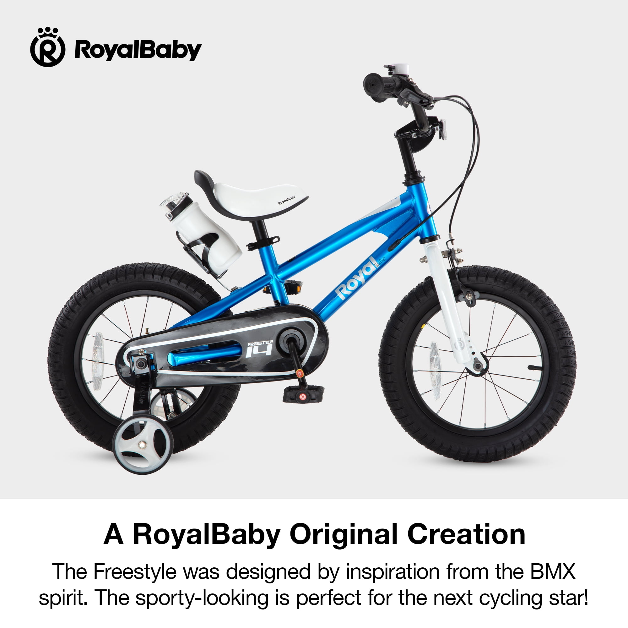 Royal Baby 14 in BMX Freestyle Kids Bike with Training Wheels (Blue, 14 in) yqirx