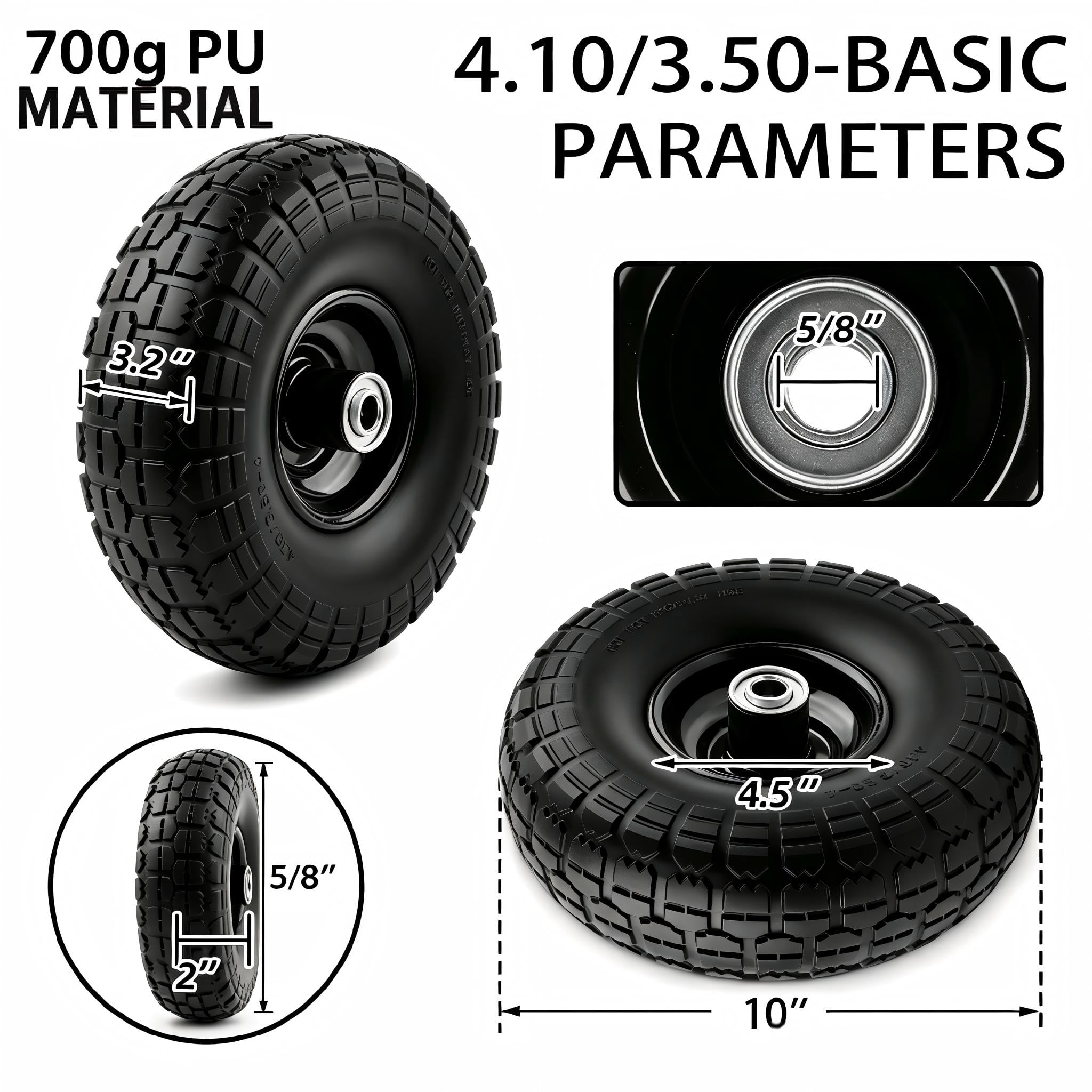 LIALEX 10-Inch Solid Rubber Replacement Wheels for Utility Carts and Hand Trucks (2-Pack, 3.50-4 Tire Size, 5/8-Inch Bearings) 1gb90