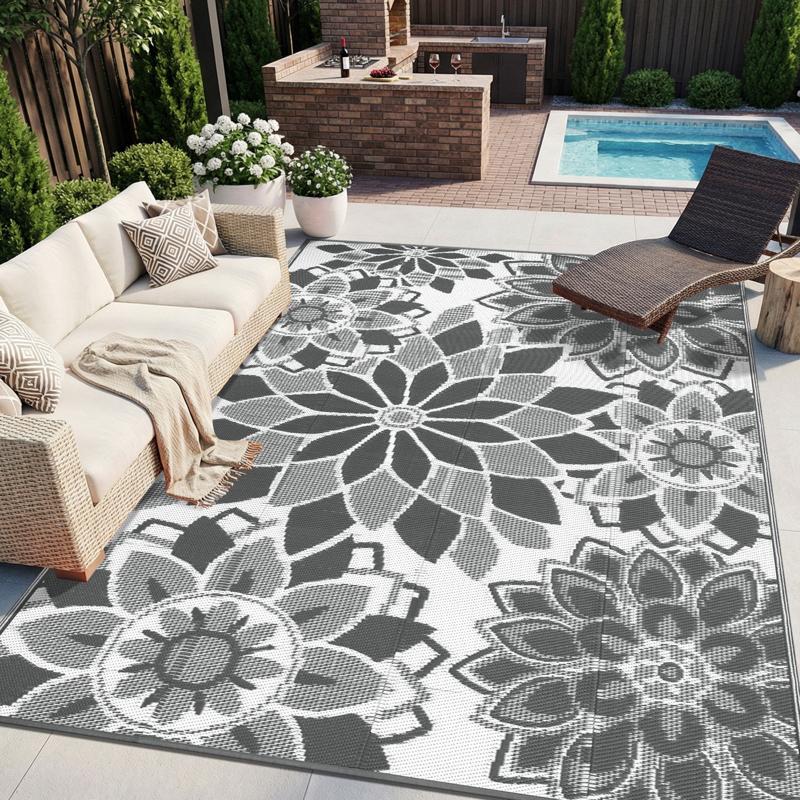 Findosom Reversible Outdoor Rug, Waterproof Plastic Straw Patio Mat for Camping and RV (Grey, 6 ft x 9 ft) ci7al