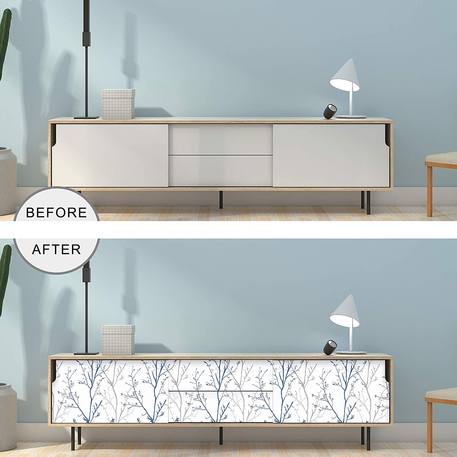 Caltero Peel and Stick Wallpaper, Grey Blue Tree Branch Self-Adhesive Decorative Wall Covering (17.7 in x 118 in) d7ze7