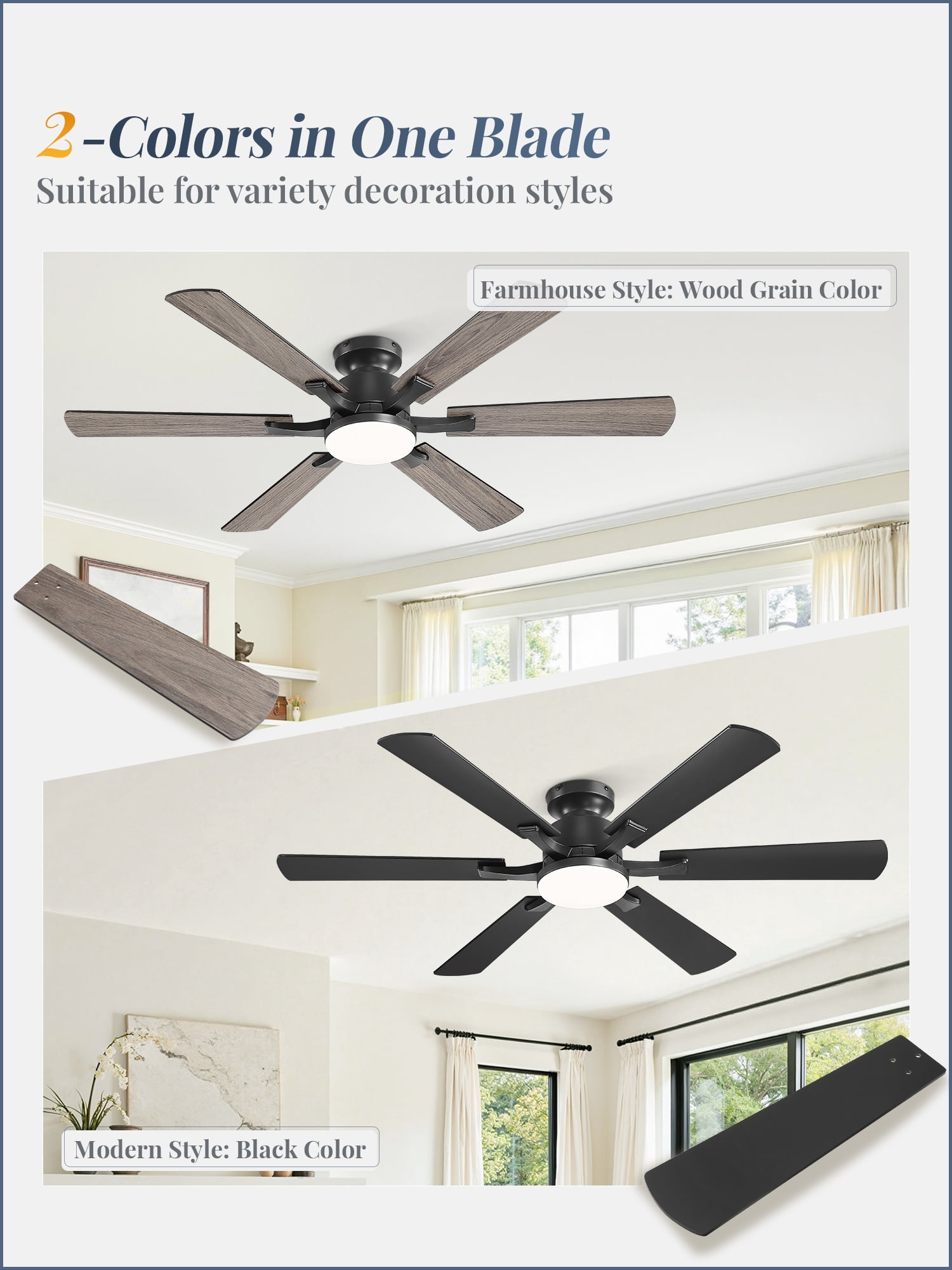 Lokivas 52in Ceiling Fan with Light and Remote Control, Flush Mount Reversible 6-Speed DC Motor Indoor Fan (Black, 52 in) f9u4d