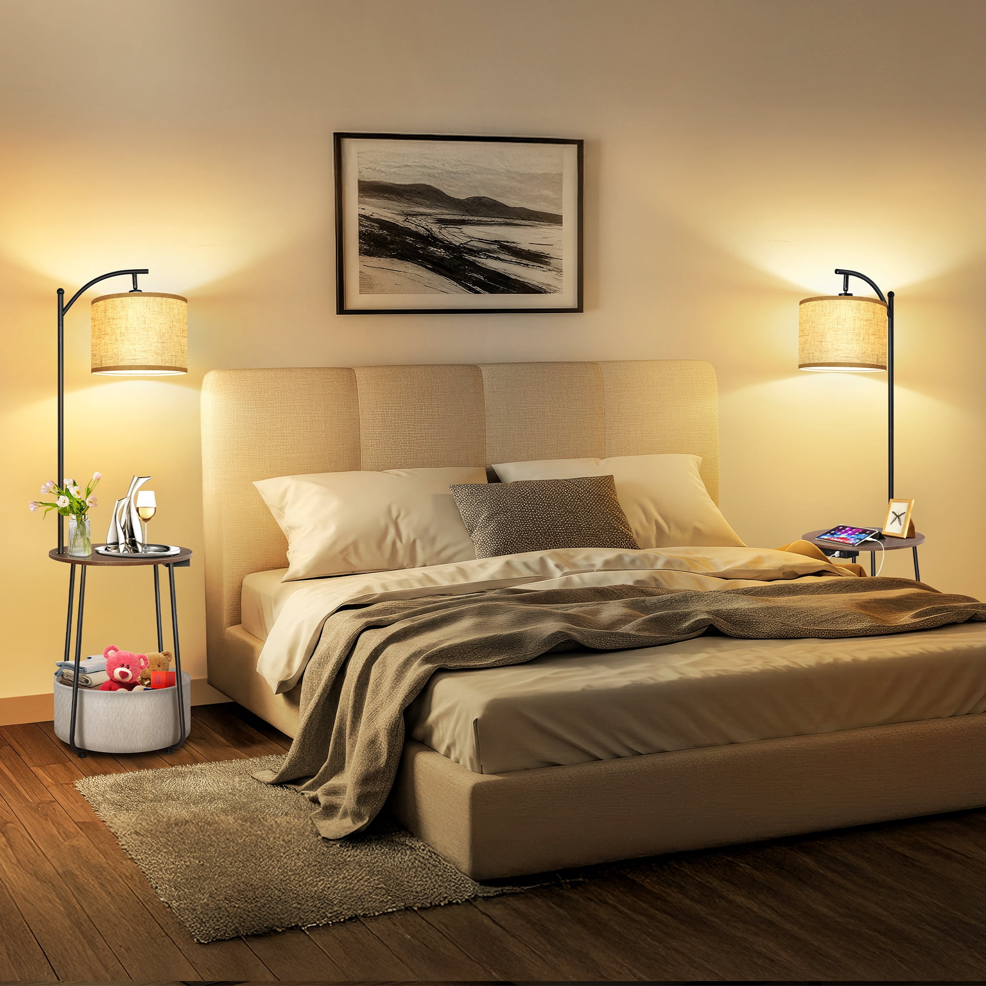 Outon Floor Lamp with Side Table, Dimmable LED Standing Lamp with USB-C Charging Port and Storage Shelf (Walnut, 61.4 in) 01dv6