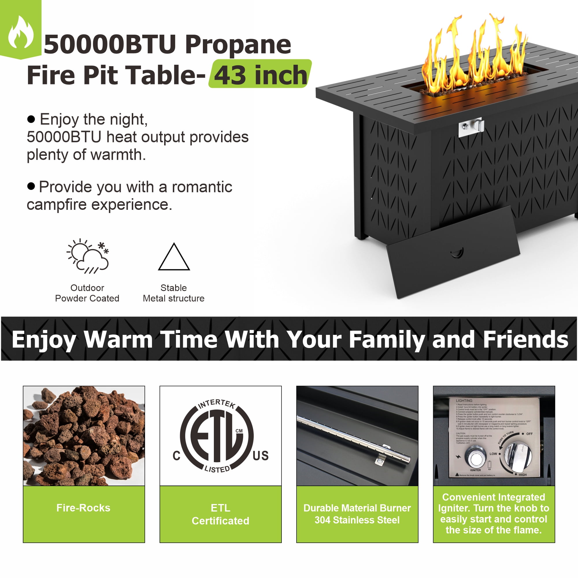 Vornel 43 in Rectangular Propane Fire Pit Table, 50000 BTU 2-in-1 Gas Fire Table with Lid and Cover (Black, 43 in) yeym8