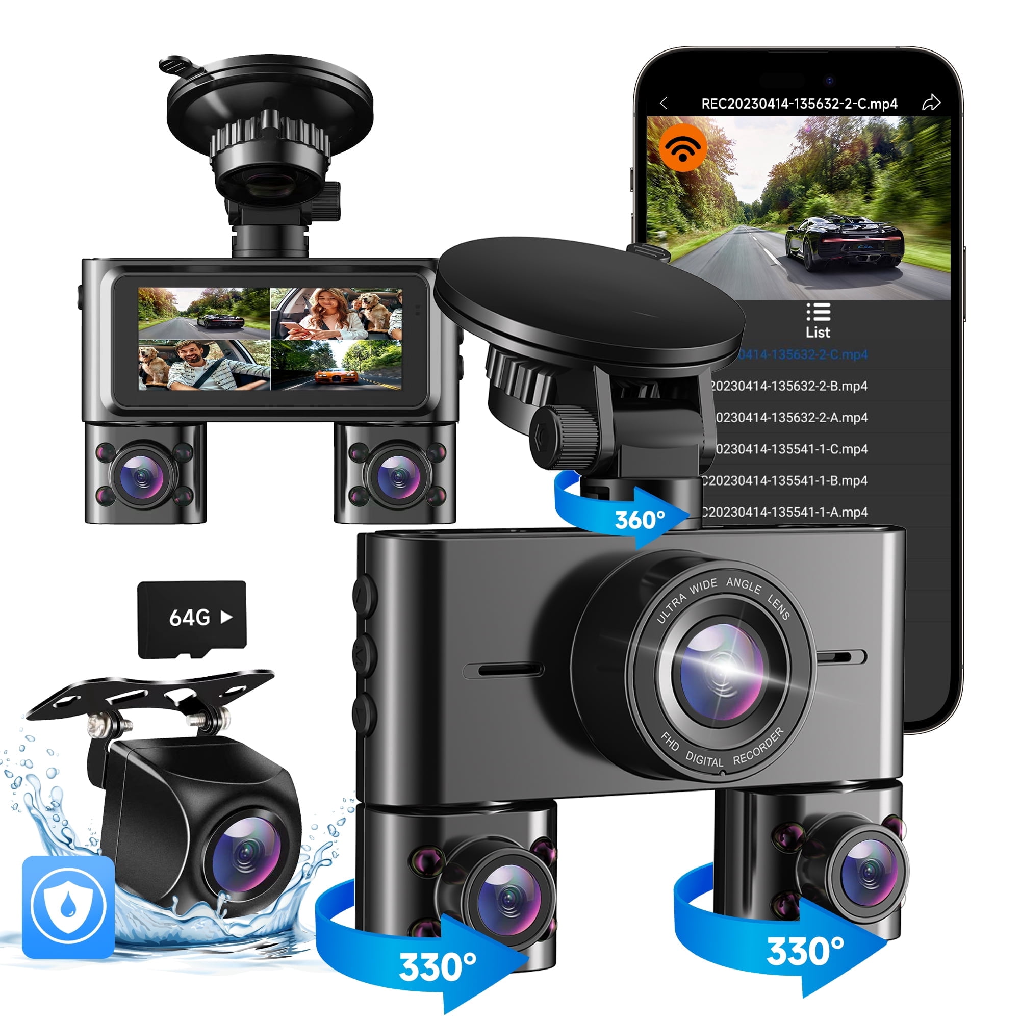 HUPEJOS 4-Channel Dash Cam 360° Car Camera System with 64GB Card, Voice Control, 2K Front & 1080P Interior/Rear Recording, WiFi & Night Vision (Black, 3.16 in Screen) x84ca