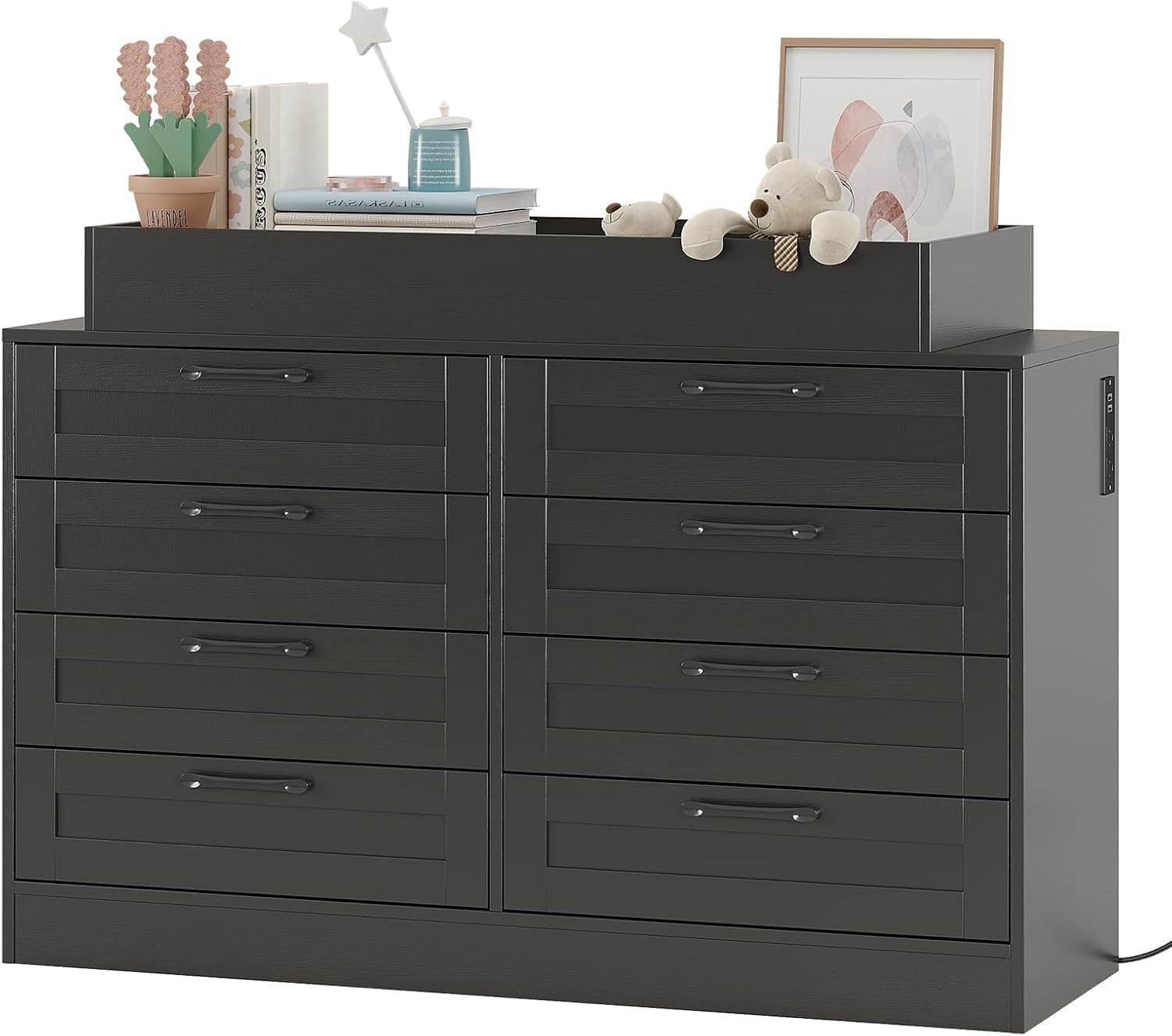 Towallmark Baby Changing Dresser with 8 Drawers, Nursery Storage Organizer with Safety Rail and Open Shelf (Black) 9bsiv