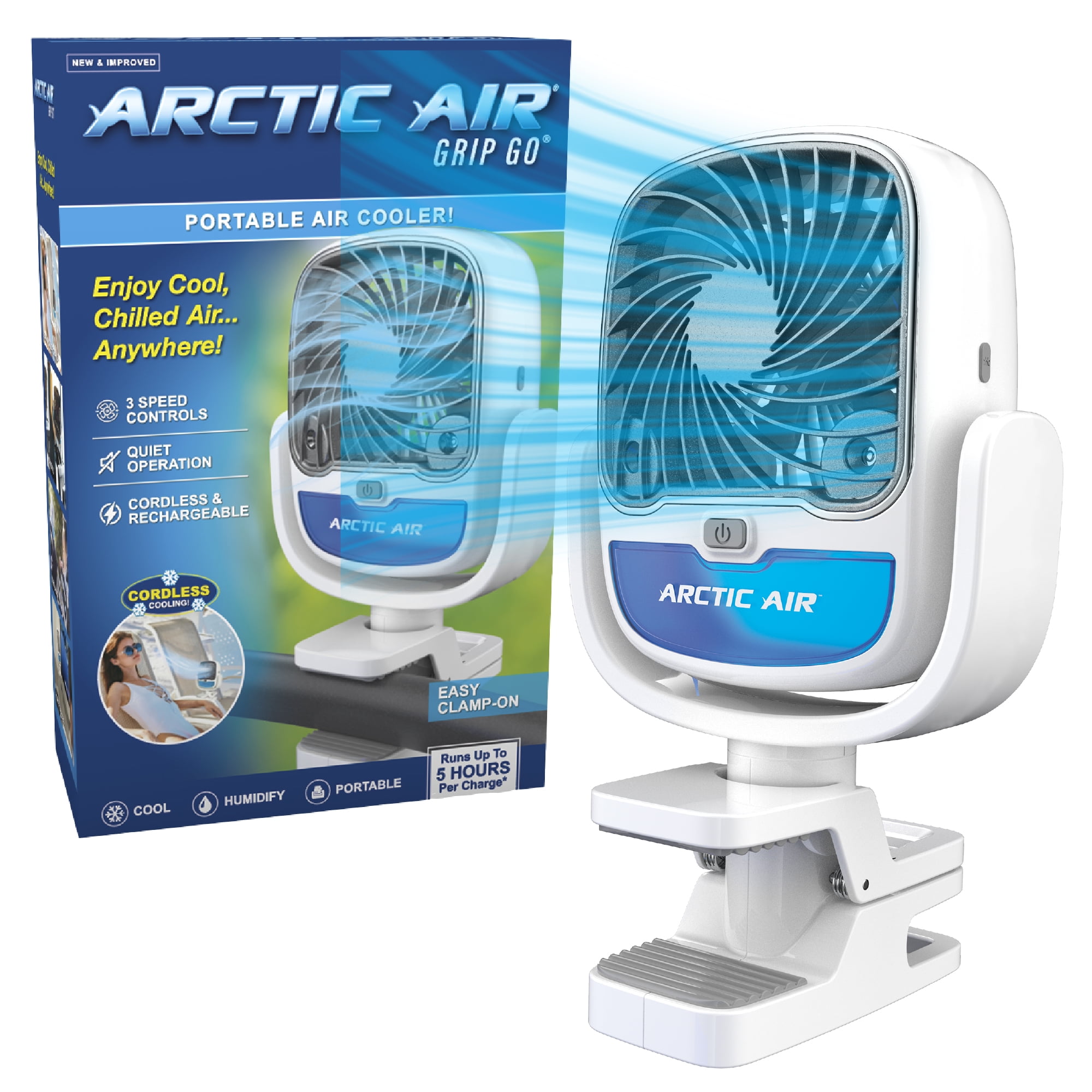Arctic Air Grip Go Portable Evaporative Air Cooler, Rechargeable Personal Cooling Fan (White, 2.5 in Clamp) 1soy6