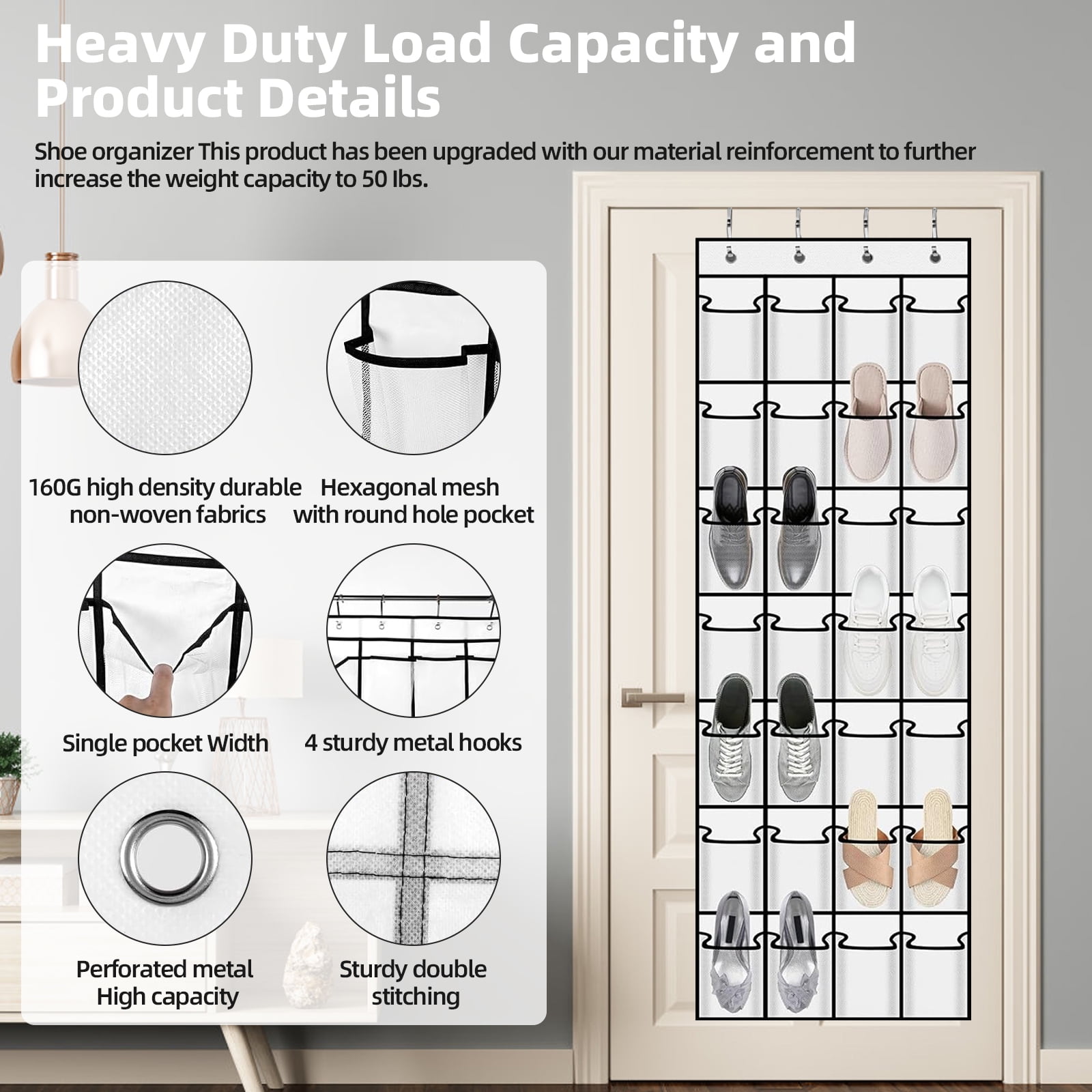 Torio Over the Door Shoe Organizer, 28 Large Breathable Pockets, Hanging Closet Storage for Small Spaces (White, 28 Pockets) hdib9