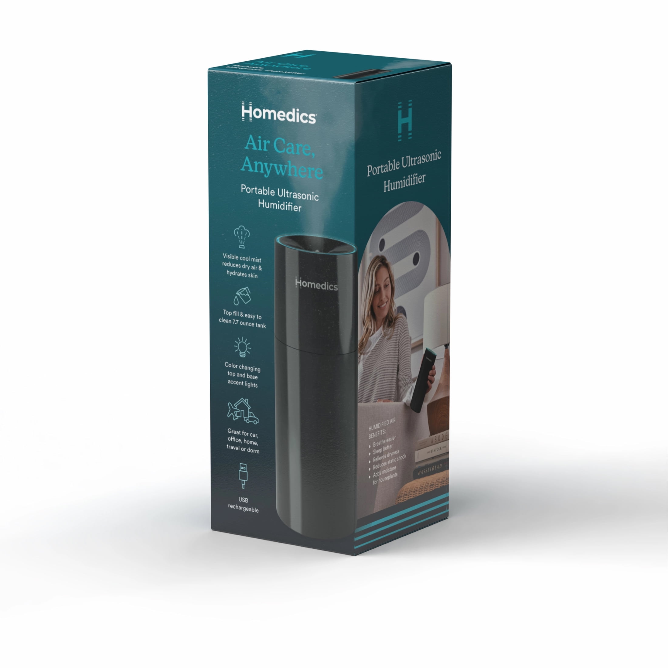 Homedics Portable Ultrasonic Humidifier, Cool Mist Desktop Air Moisturizer with Nightlight (Black, 7.7 fl oz) ju8jz