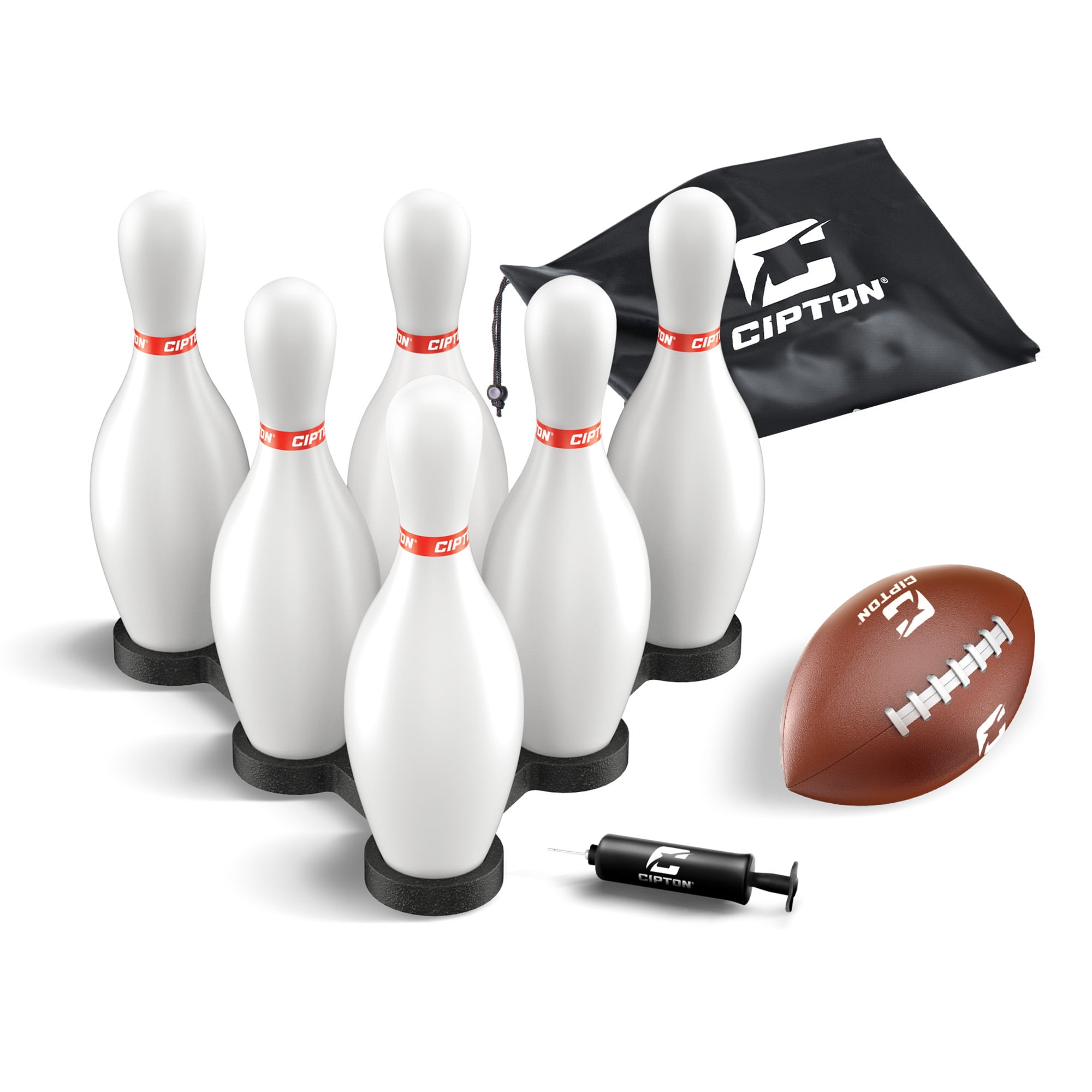 Cipton Strike Football Lawn Game Set, Outdoor Bowling Activity with 12 Pins, 2 Target Bases, Football, Air Pump, and Carry Bag (17-Piece Set) je7x4