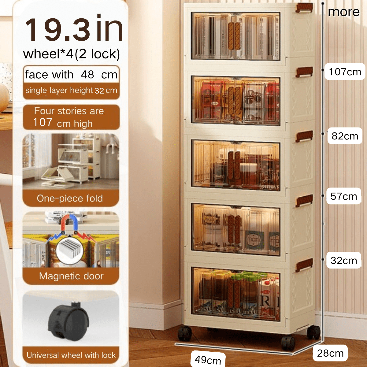 Jiarui 3 Tier Stackable Storage Bins with Lids, Collapsible Drawer Closet Organizer with Wheels (White, 32.3 in Height) jp3md