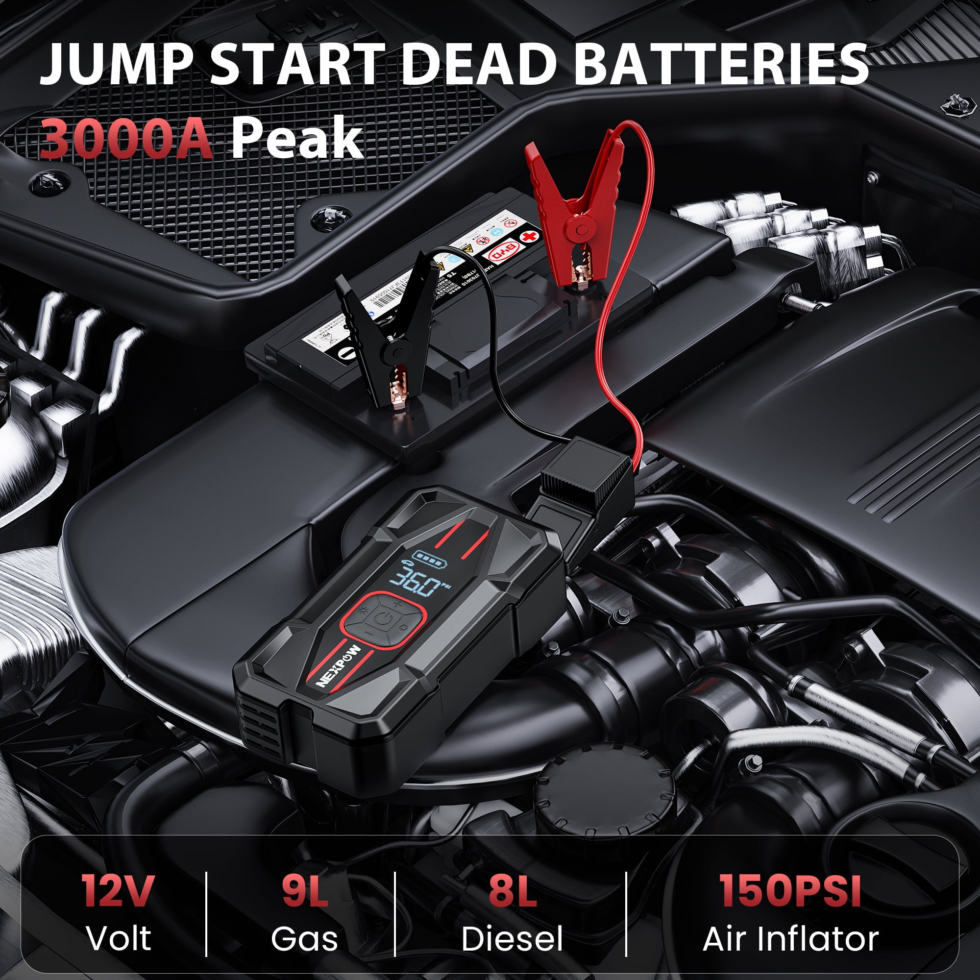 NEXPOW 3000A Jump Starter with Air Compressor, 150 PSI Digital Tire Inflator, 16000mAh Power Bank (2.4 lb) yh376