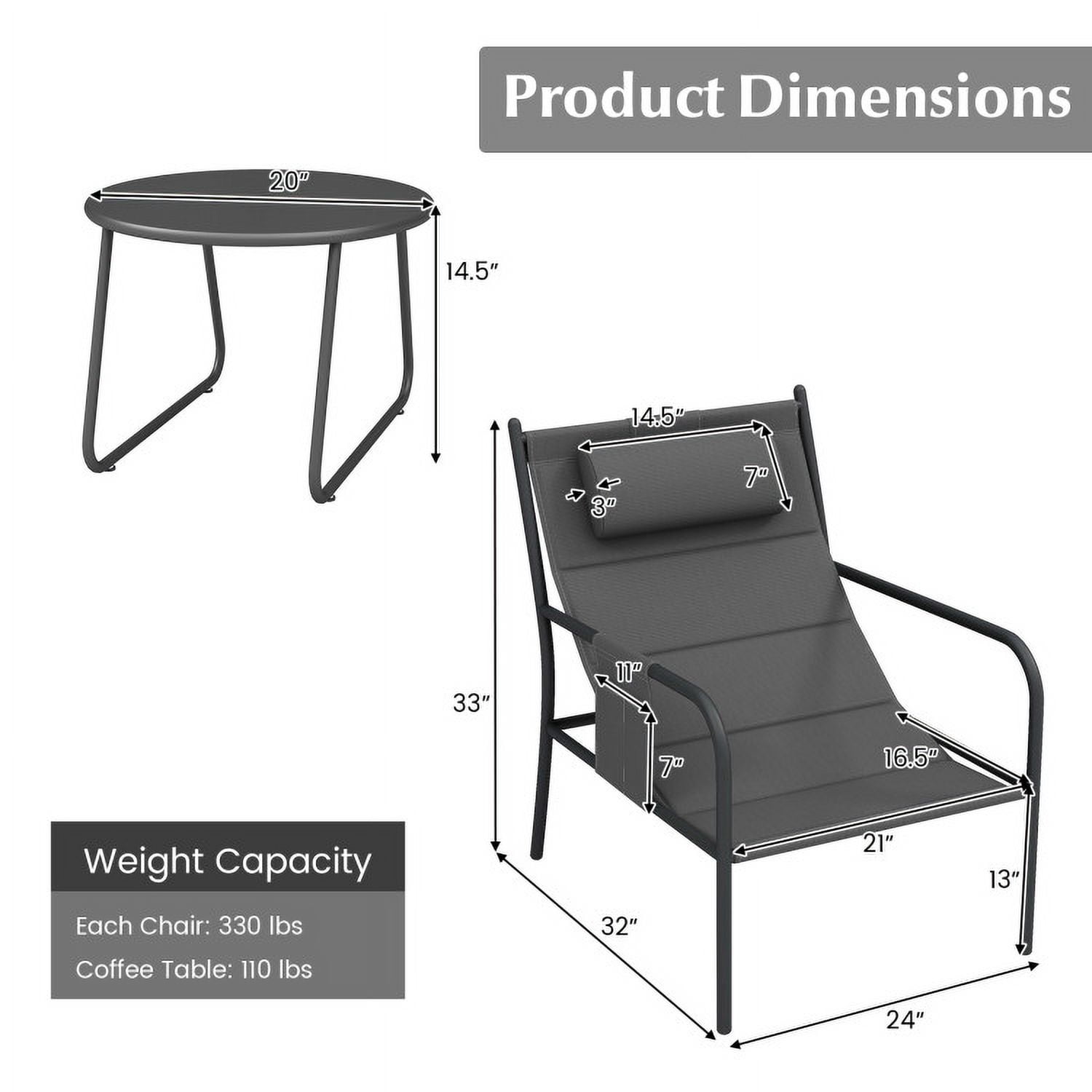 Barara King 3-Piece Outdoor Bistro Set with Metal Chairs and Coffee Table (Gray, 32 in x 24 in x 33 in) bfvqd