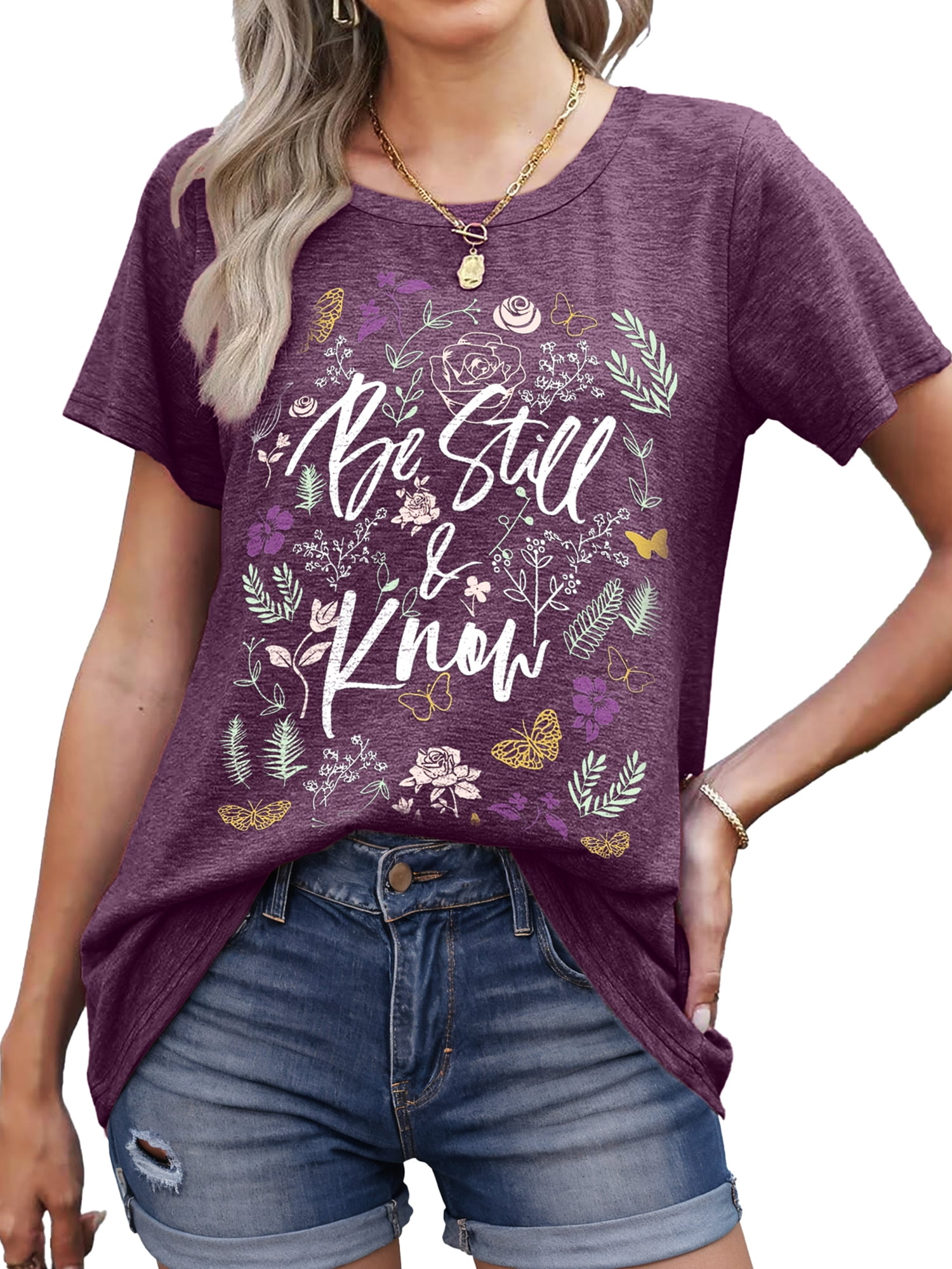 MOSHU Womens Graphic T-Shirt Round Neck Short Sleeve Loose Fit Casual Tee (Multi, L) bmou3