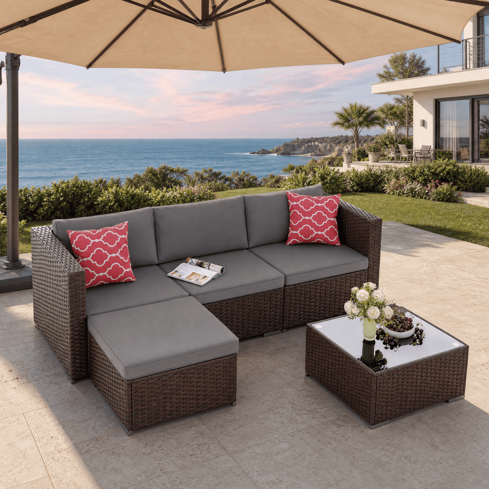 Asofer 5-Piece Outdoor Sectional Sofa Set with Glass Coffee Table and Cushions (Gray, 85 in x 52 in x 25 in) wh9kt