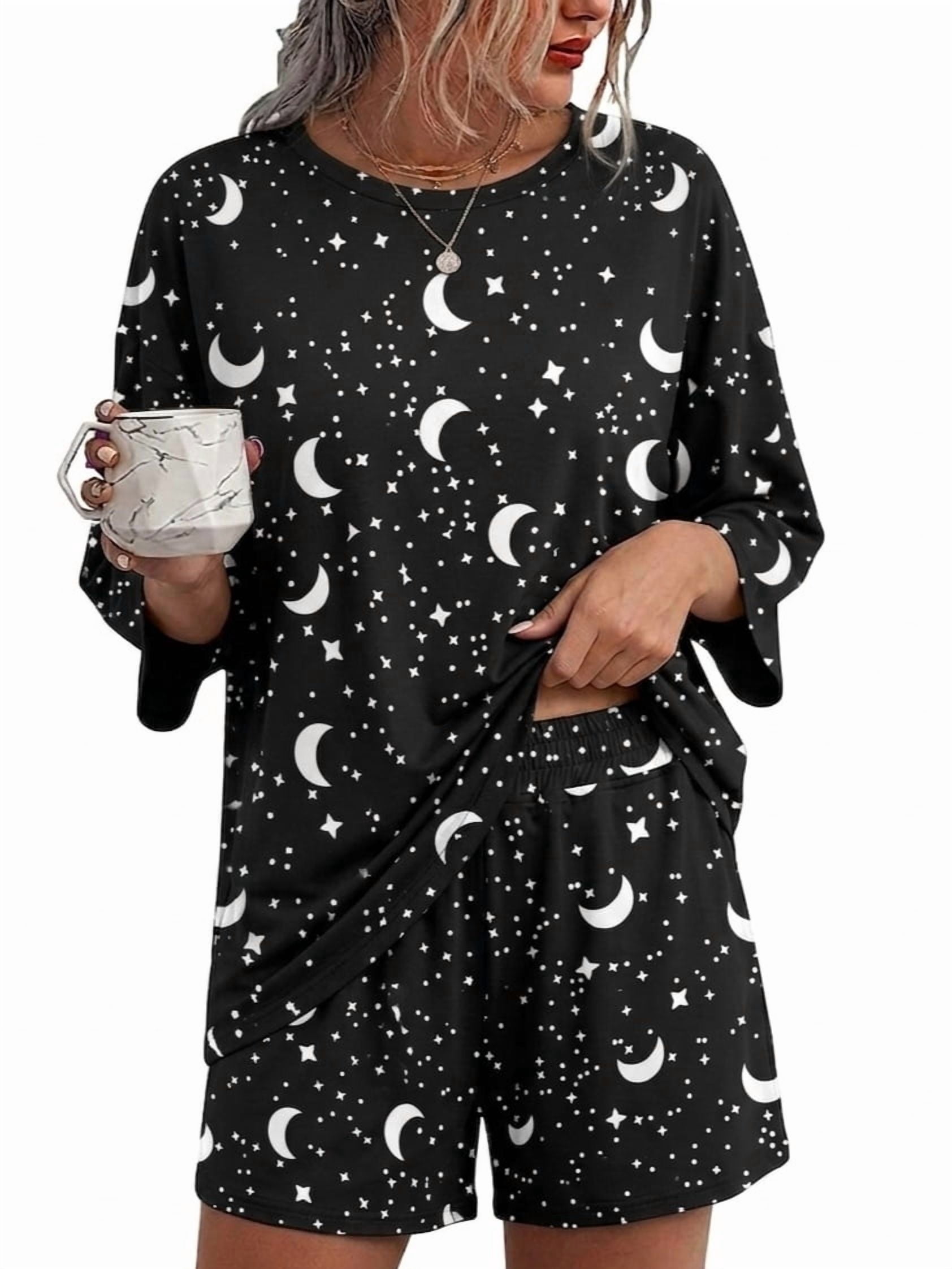 MINTREUS Womens Pajamas Set 2 Piece Knit Lounge Sleepwear with Pockets (Black, M-3XL) zqdbf