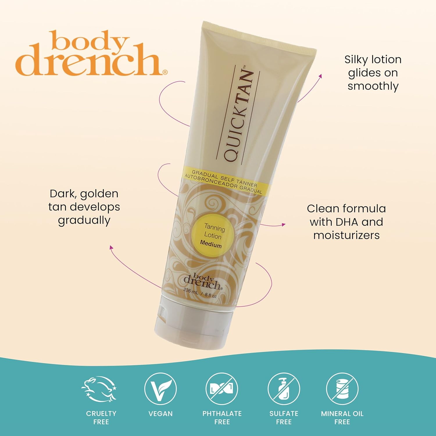 Body Drench Quick Tan Self Tanning Lotion, Streak-Free Buildable Glow (Medium Shade, 8 fl oz) 7kq8m