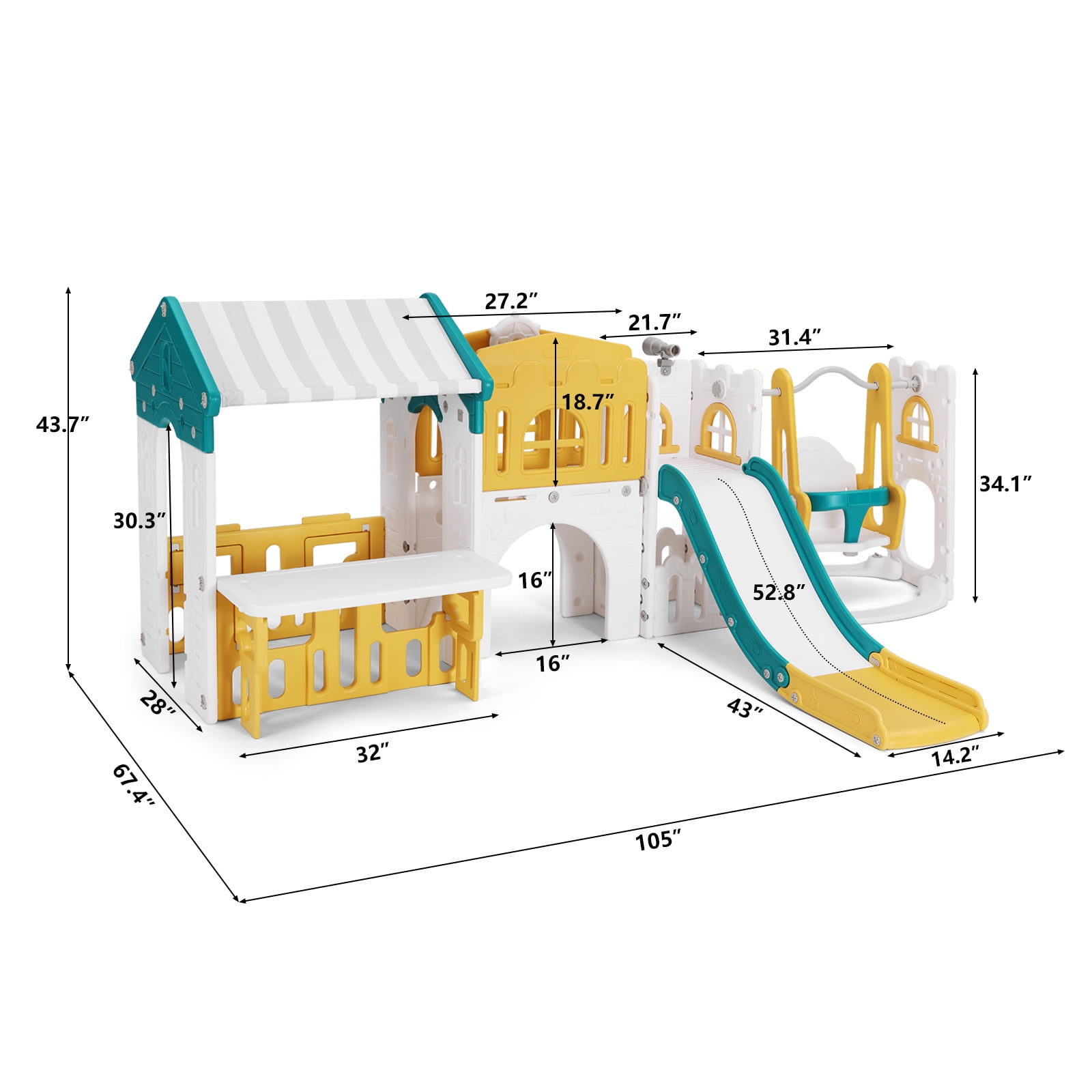Joyldias 10-in-1 Toddler Slide and Swing Playset with Playhouse and Basketball Hoop (Green, Yellow, White) aeisf